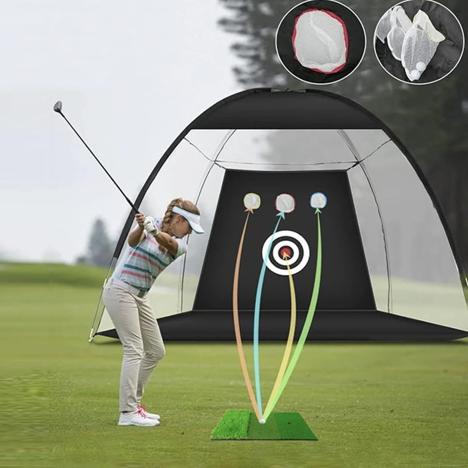 Golf-Übungsnetz, 300 x 200 cm, mit Tri-Turf-Matten-Set, Golf-Trainings-Chipping-Hilfe-Netze mit reduziertem Lärm, Nylon-Ziel