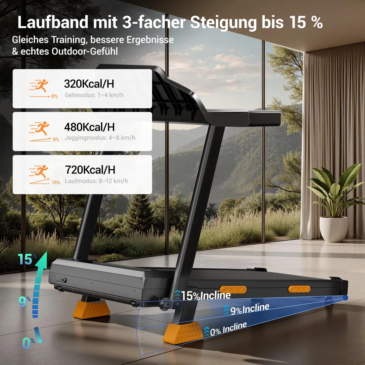 LONTEK Laufband für Zuhause Klappbar mit Steigung 15%, Laufbänder 12KM/H, Treadmill for Home mit 3,0-PS-Motor und LED-Anzeige, 136KG