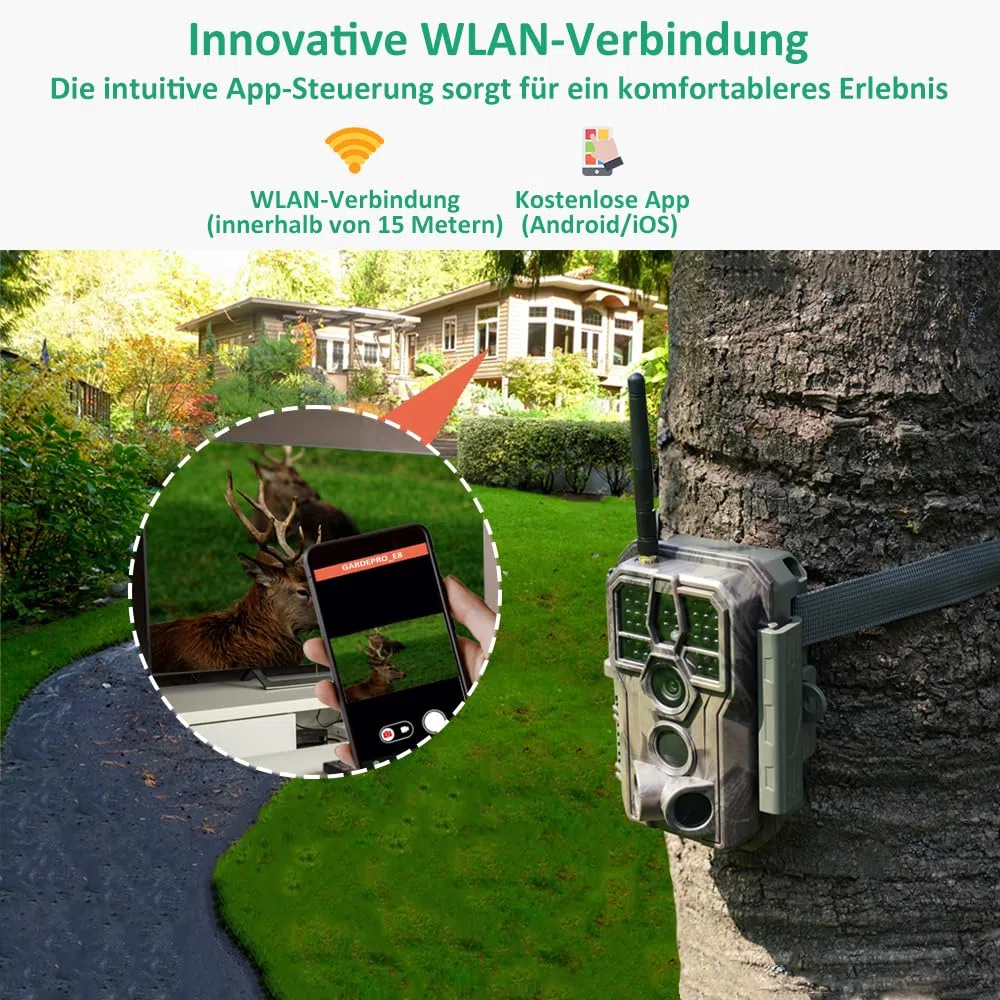 GardePro E8 Wildkamera WLAN mit 64 GB SD-Karte, 64MP H.264 1296P Video, 27m Infrarot Nachtsicht Bewegungsmelder Wildtierkamera WiFi Handyübertragung, 0,1s Schnelle Trigger, IP66