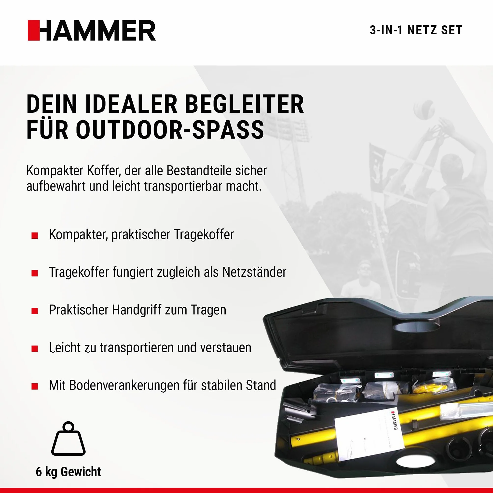 HAMMER 3 in 1 Netz Set für Volleyball, Badminton & Tennis, Spaß für jung und alt, mit Tragekoffer/Pfostenständer, leichter Aufbau, schnell verstaut und leicht transportiert