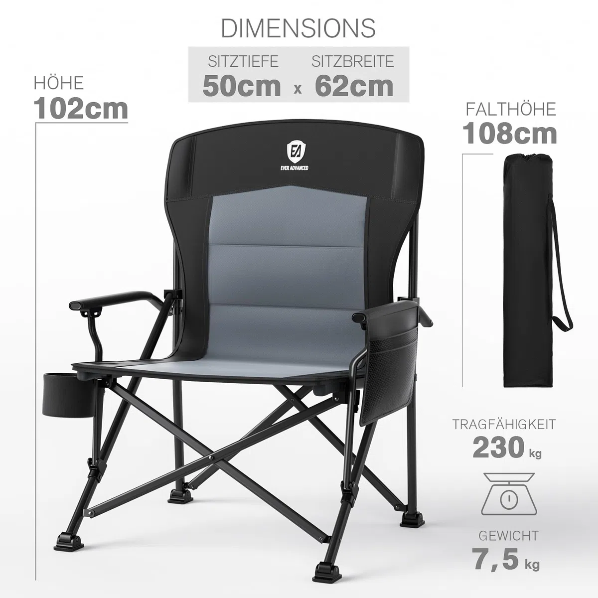 EVER ADVANCED Campingstuhl Faltbar 230KG Belastbar XL Klappstuhl 62cm Sitzbreit mit Seitentasche Getränkehalter Übergroß Faltstuhl Angelstuhl für Camping Outdoor Balkon Garten