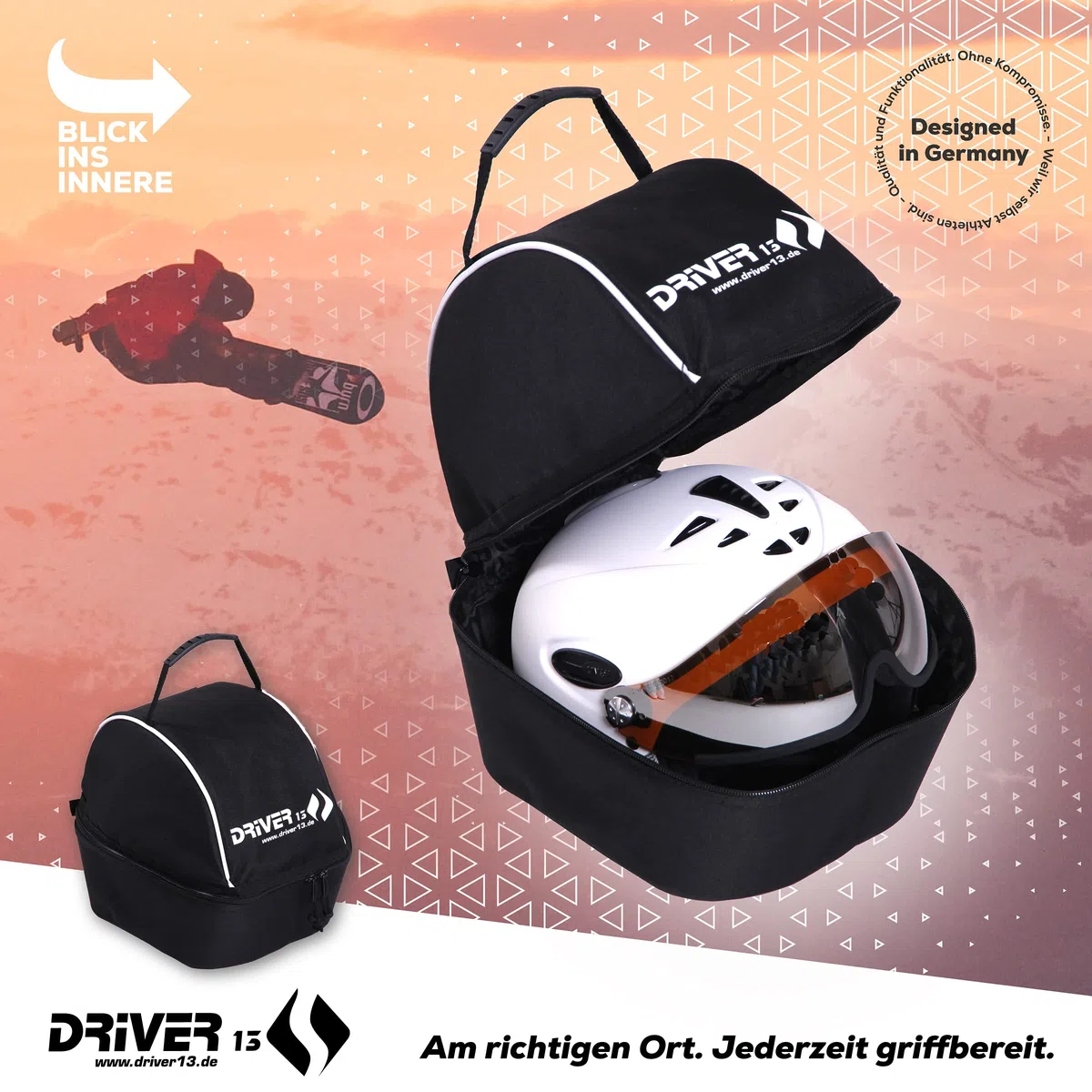 Driver13 Helmtasche Skihelm Snowboardhelm Fahrradhelm Reithelm, Helmet Bag mit Belüftung und Zubehörfach, schwarz