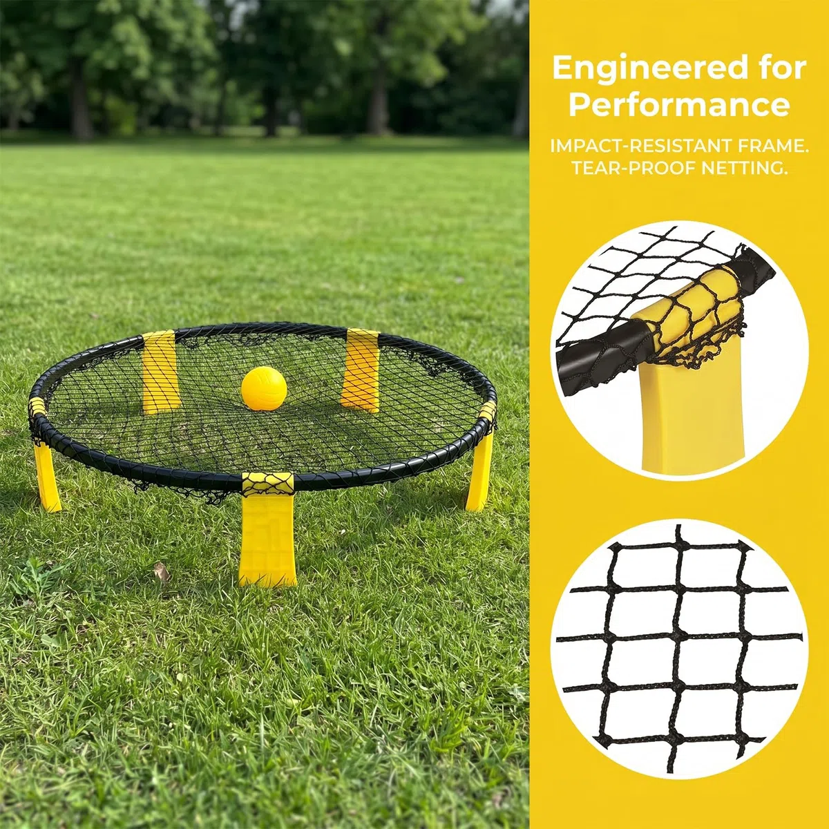 Profi Roundnet Set für Draußen Stabiles Outdoor Spieleset für Garten und Strand Tragbares Ballspiel für Erwachsene und Kinder inklusive Netz 2 Bälle Pumpe und Tasche Gelb