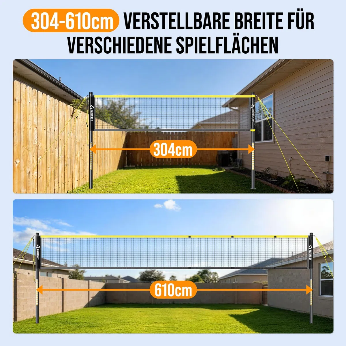 Tragbares Badmintonnetz, Federballnetz für Garten 4-Fach-Breitenverstellbar Sportnetz 6|5,1|4,2| 3 M mit 4 Badmintonschlägern 3 Federball Ständer und Tragetasche für Indoor & Outdoor Hinterhöfe Strand