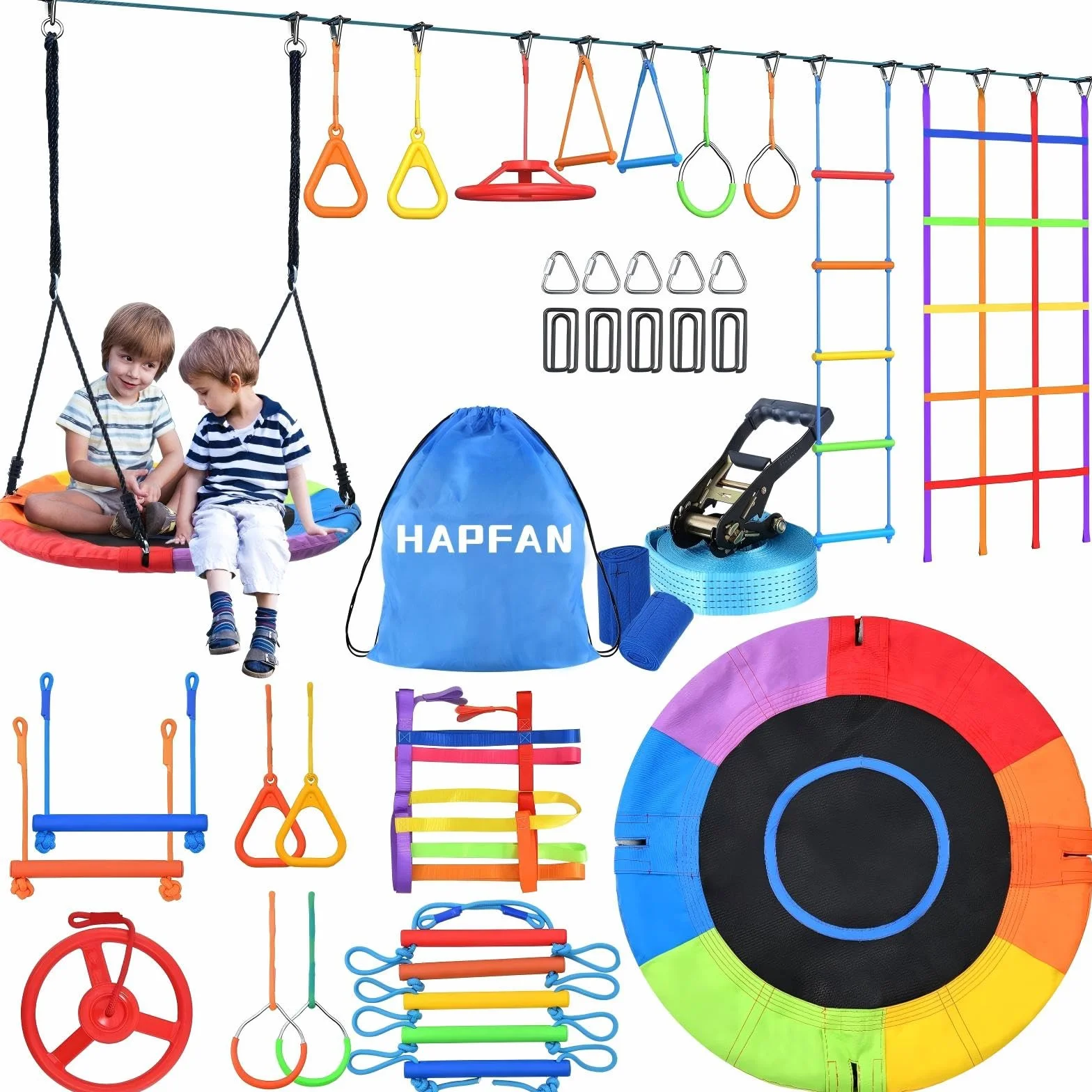 Hapfan 15M Ninja Slackline Kinder Nestschaukel Outdoor Set mit Seilrolle, Ninja Warrior Parcours Kinder mit 10 Hindernissen, Klettergerüst, Kletternetz, Kletterleiter Gym Ring Baumschutz (Bunt)
