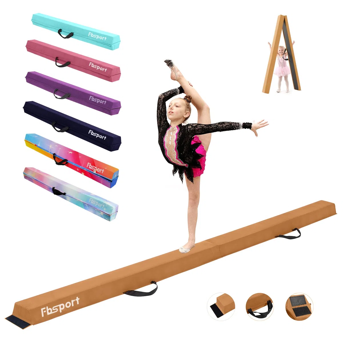 FBSPORT 270CM Faltender Schwebebalken, Gymnastik Balance Balken, Gymnastikboden Balken, Beflockungsschicht Balancierbalken, Balance Fitness Ausrüstung für Kinder