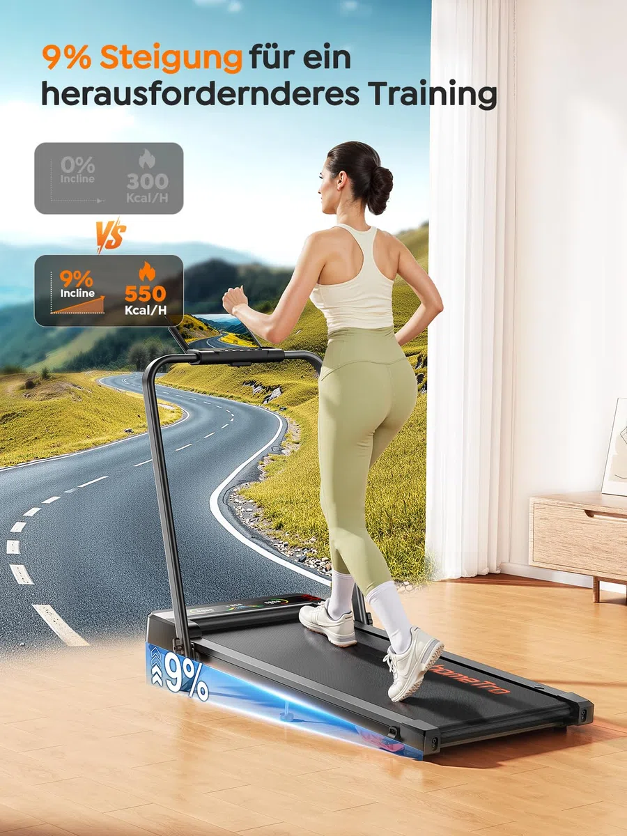 Klappbares Laufband mit Steigung für Zuhause & Büro – 9% manuelle Neigung, kein Aufbau nötig, All-in-1 Walking Pad für klappbar, 1–12 km/h, LED-Doppelanzeige, Walkingpad mit App & Fernbedienung