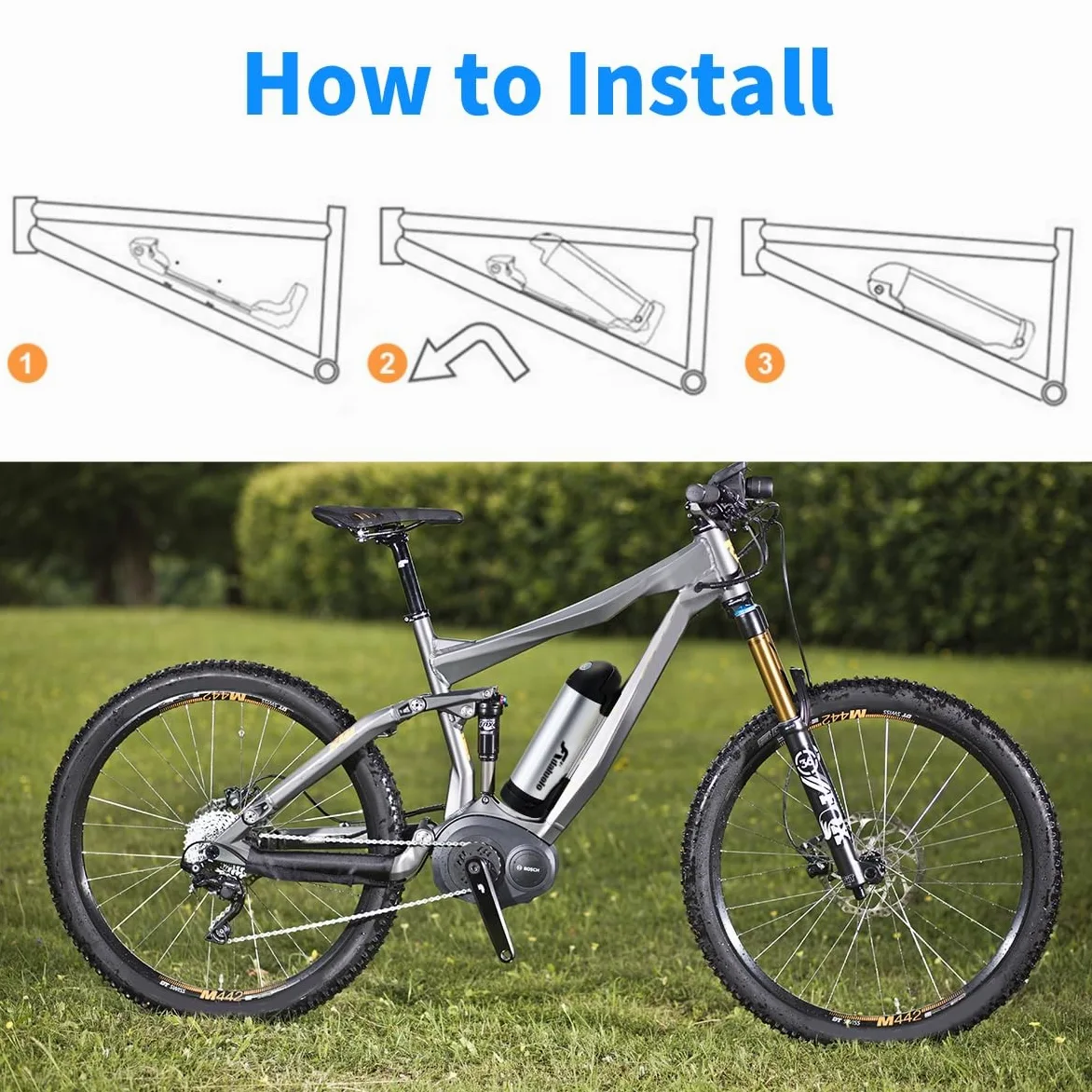 E-Bike Akku 36V 10AH Trinkflaschen Ersatzakku Silber Elektrofahrrad Flaschenbatterie Lithium-Fahrrad-Akku mit Ladegerät, Kontrollleuchte, Basishalterung