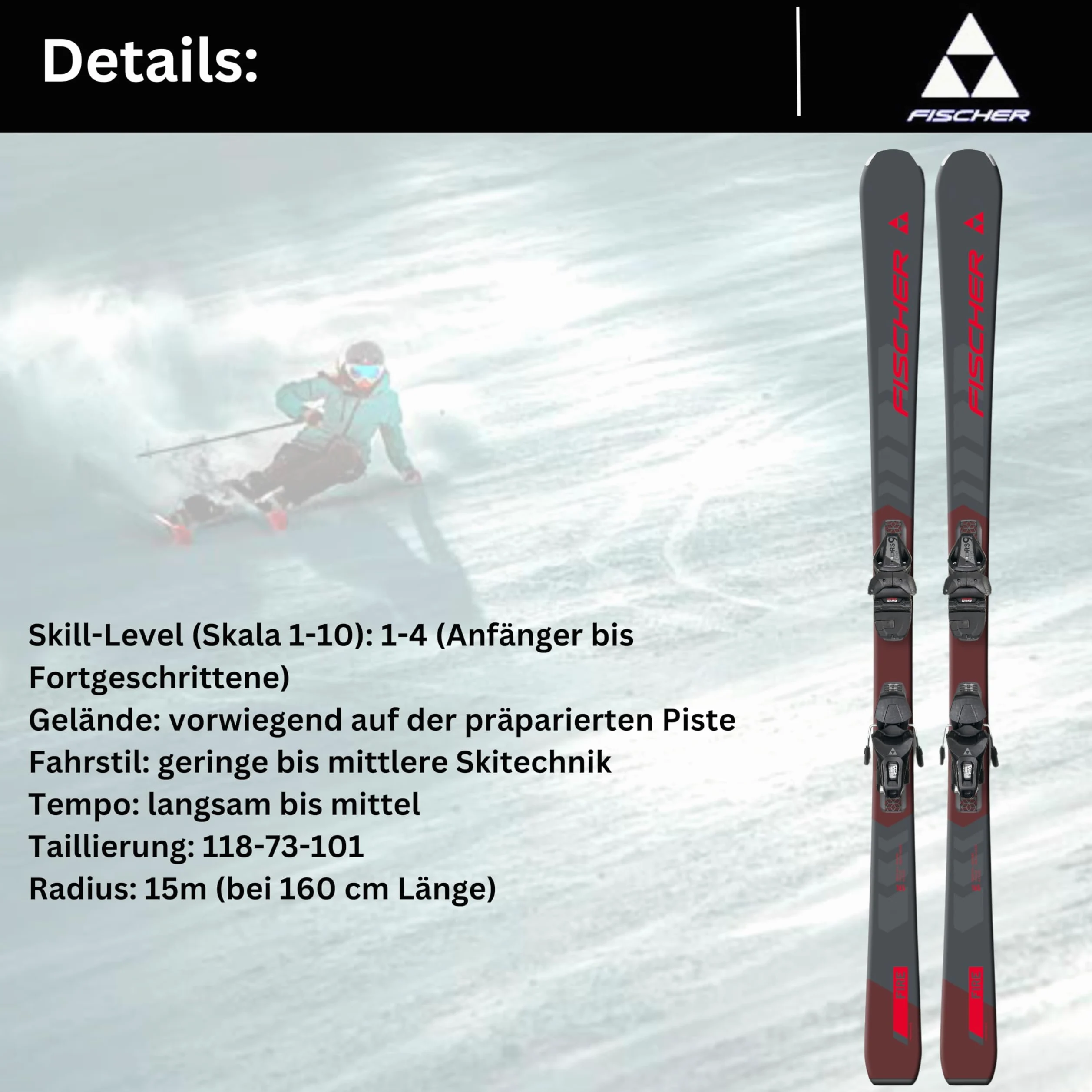 Ski Alpinski Carvingski On-Piste-Rocker - Fischer RC Fire SLR - inkl. Bindung RS9 SLR Z2,5-9 - All Mountain Ski - geeignet für Einsteiger bis Fortgeschrittene