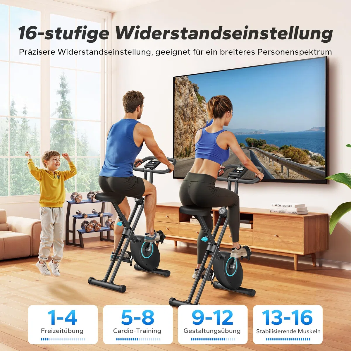 MERACH Heimtrainer Fahrrad Klappbar, Hometrainer Fahrrad mit LCD Monitor, Magnetisches Ergometer Heimtrainer mit Bequemem Sitzkissen, Fitnessbikes für Zuhause, Platzsparend, 136KG