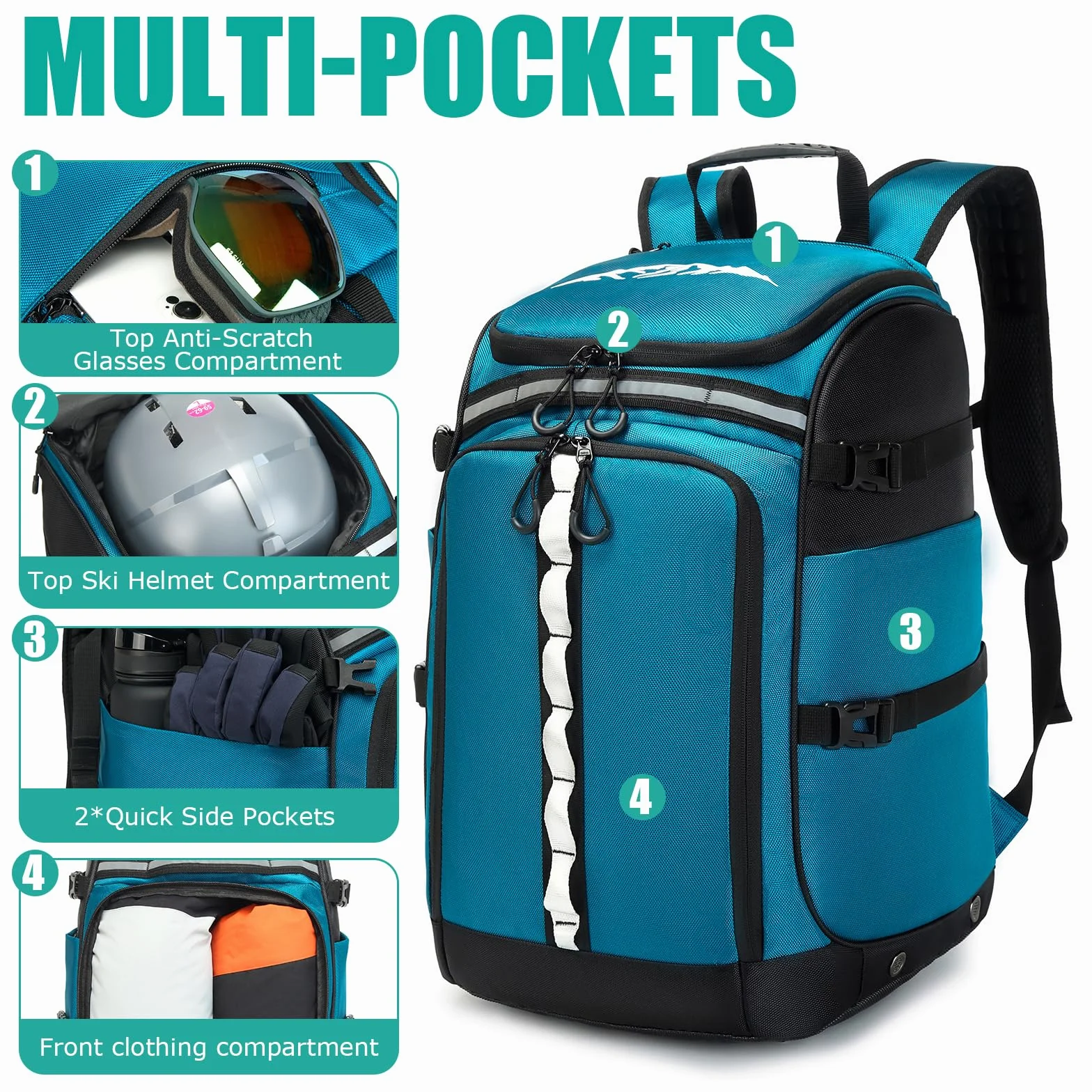Skischuhtasche mit Helmfach Skischuhrucksack 65L Nylon Skitasche mit Helmtasche Skirucksack für Skistiefel Schlittschuhe Inline-Skates