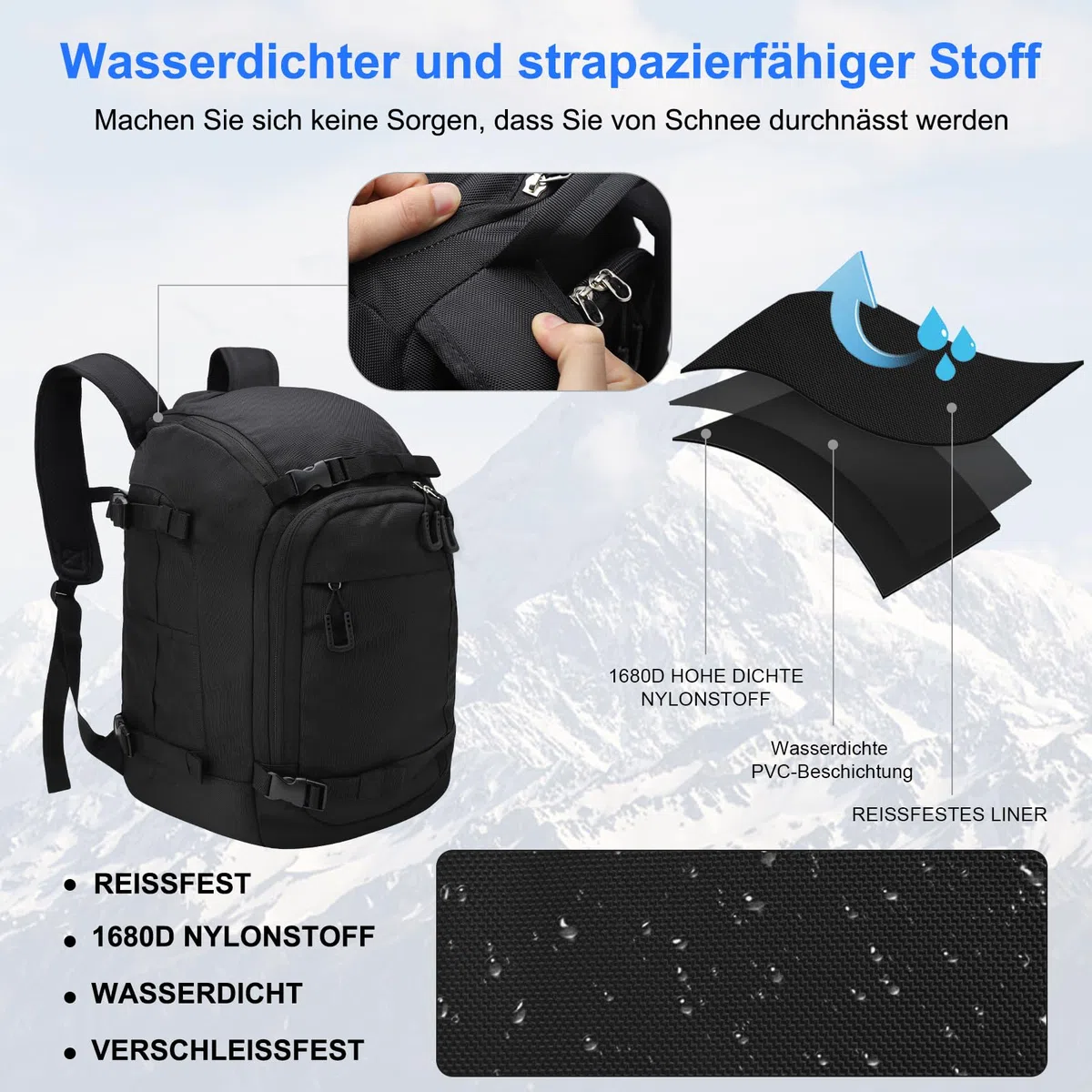 Skischuhtasche mit Helmfach 50L 1680D Nylon Skirucksack Skischuhrucksack mit Helmtasche Skitasche Siksack für Skistiefel Schlittschuhe Snowboard Inline-Skates