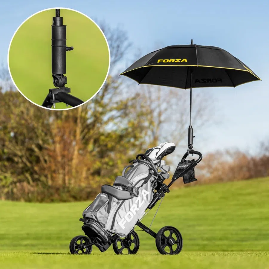 FORZA Golfwagen mit 3 Rädern | Leichter Aluminium Push Trolley mit ergonomischem Griff, Fußbremse & faltbarem Design | Kompakter Golftaschentransport | Optionaler Schirmhalter
