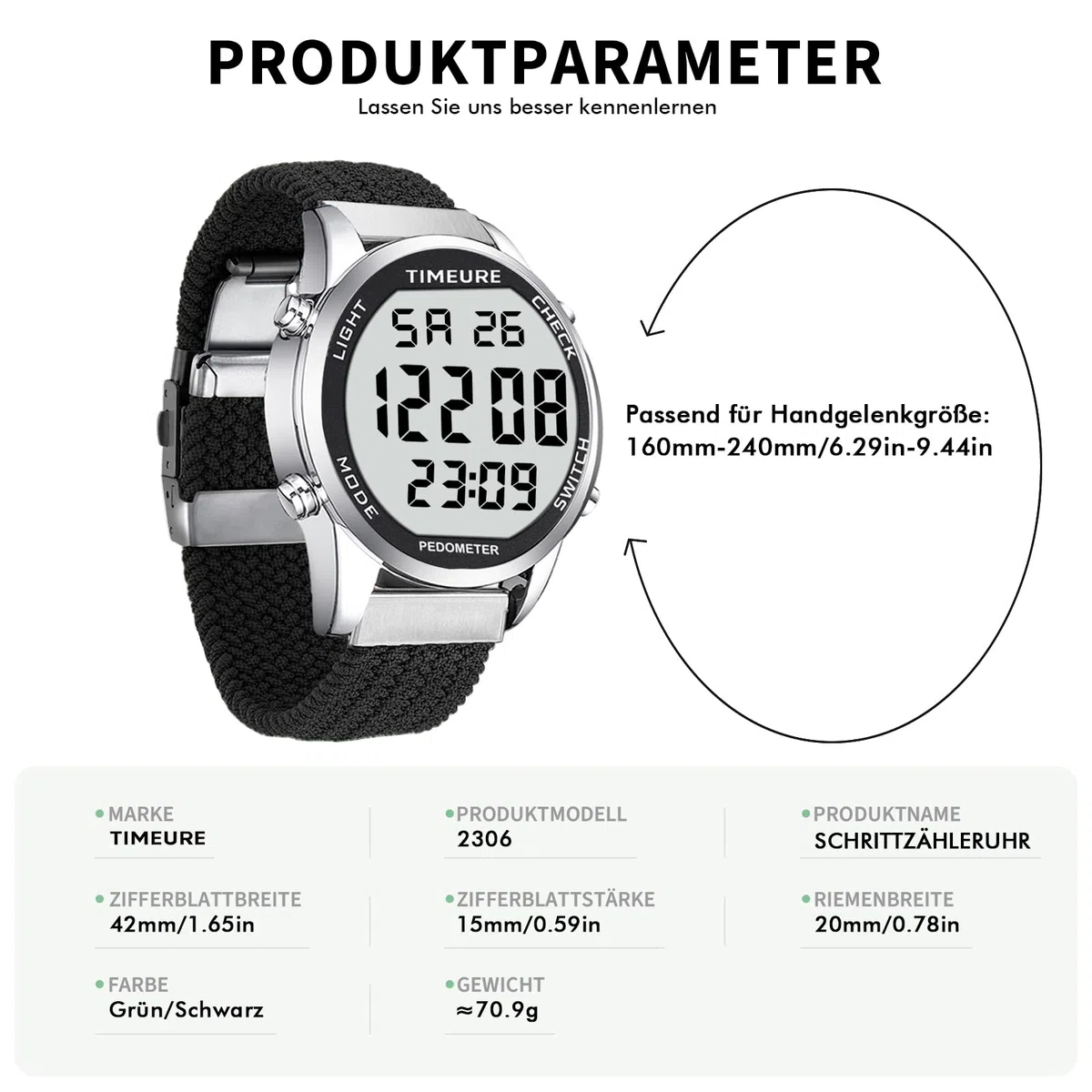 TIMEURE Schrittzähler Uhr für Männer | Modisches Design | Wasserdichter Armbanduhr mit Großer Digitalanzeige | Einfacher & Genauer Schrittzähler Funktion