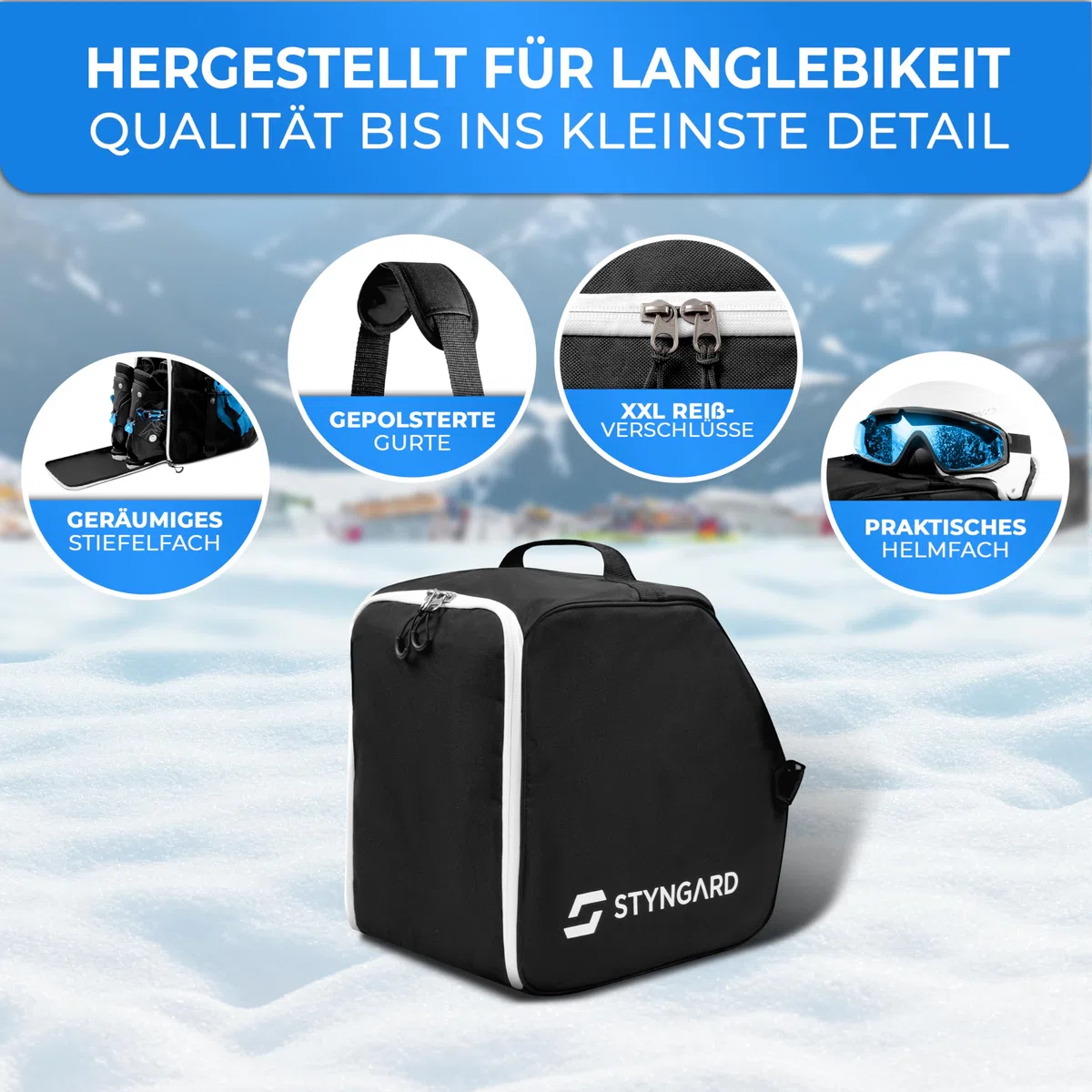 STYNGARD Skischuhtasche mit Helmfach und Stiefelfach [40 L] - Ski Stiefeltasche mit Umhängefunktion und Stauraum für Skizubehör - Tasche für Skischuhe Modell Zermatt