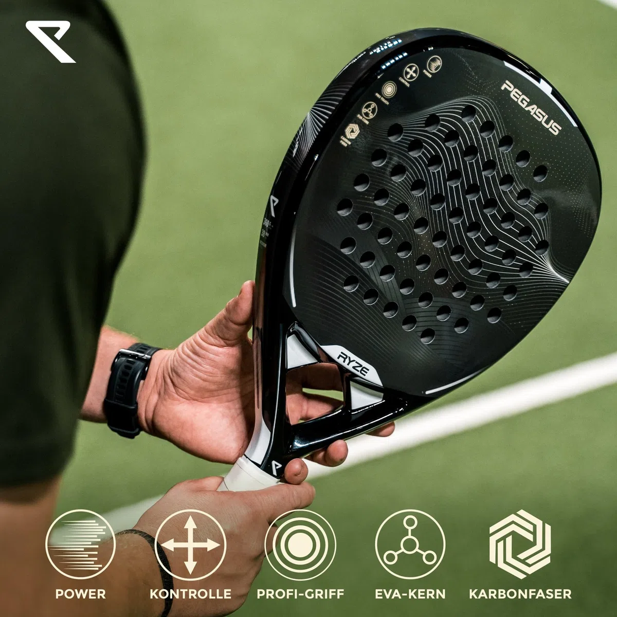 RYZE Pegasus Padel Schläger aus 100% Kohlefaser - Maximale Power & Kontrolle - 360g Leicht & Langlebig - Unisex Padelschläger für Männer & Frauen - Padel Racket Set Inkl. kostenloser Hülle