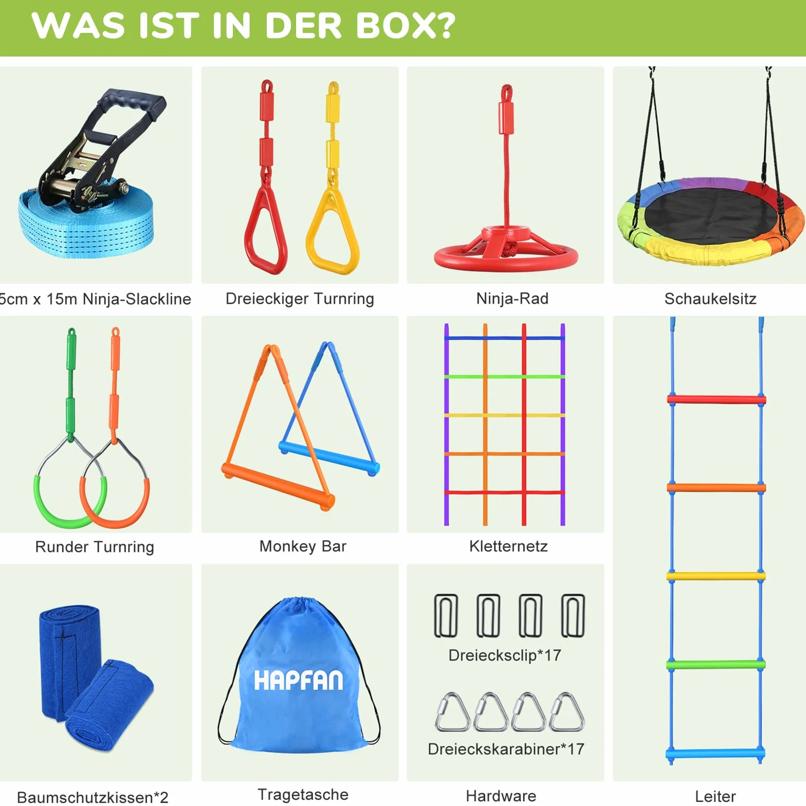 Hapfan 15M Ninja Slackline Kinder Nestschaukel Outdoor Set mit Seilrolle, Ninja Warrior Parcours Kinder mit 10 Hindernissen, Klettergerüst, Kletternetz, Kletterleiter Gym Ring Baumschutz (Bunt)