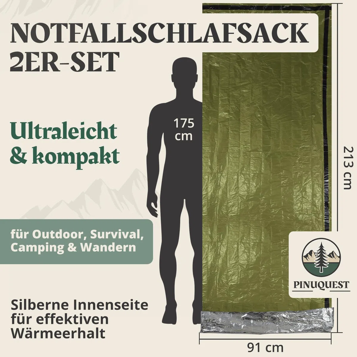 Notfall Biwaksack 2er-Set grün/orange (213 × 91 cm) - Notbiwak ist Ultraleicht, wasserdicht sowie Wind-, hitze- und kälteabweisend - Notfallschlafsack ideal für Outdoor, Survival, Camping