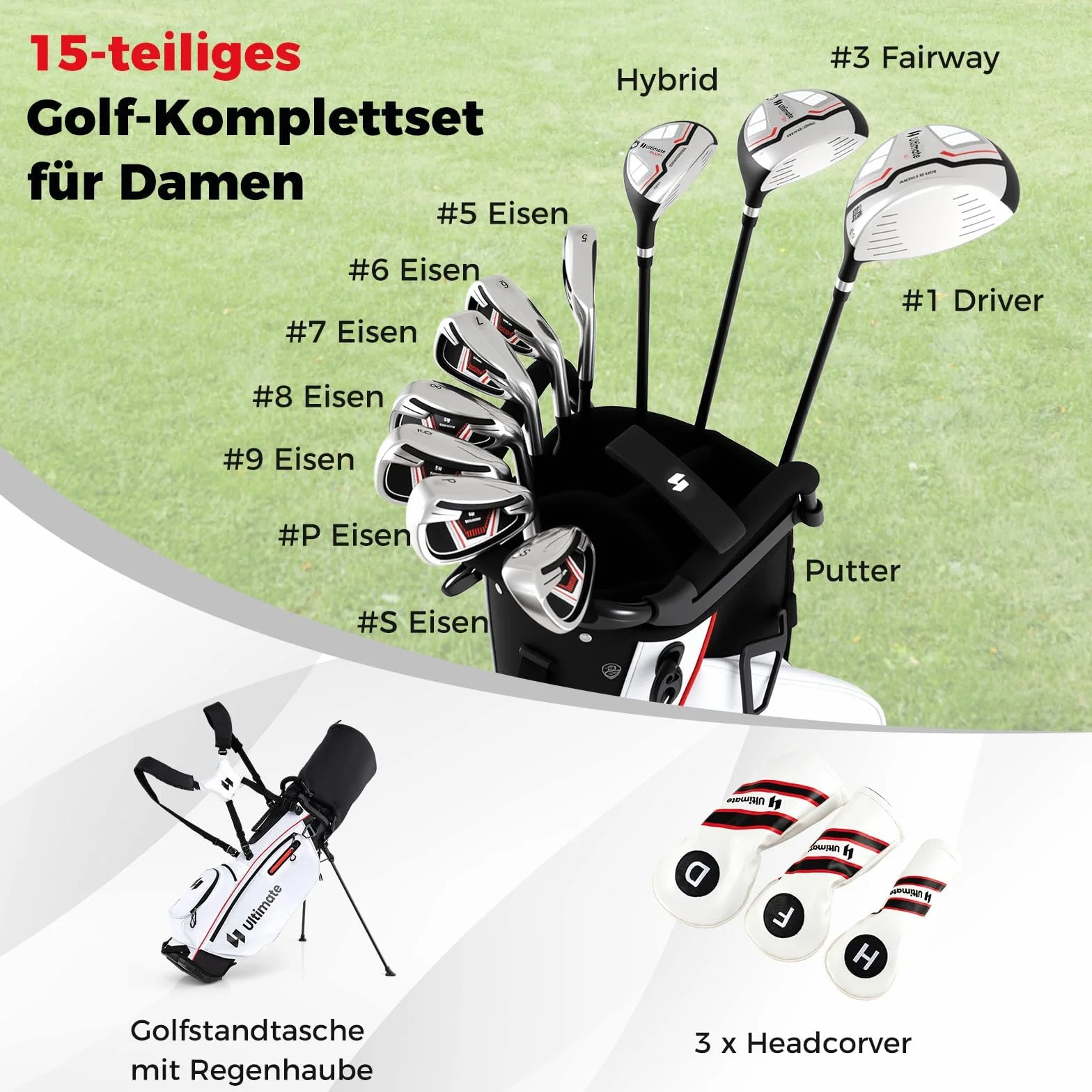 FANTASK Damen Golfschläger Set mit 1 Driver & 3 Fairway & 4 Hybrid & 6/7/ 8/9/ P Eisen & Putter & Regenhaube, Rot