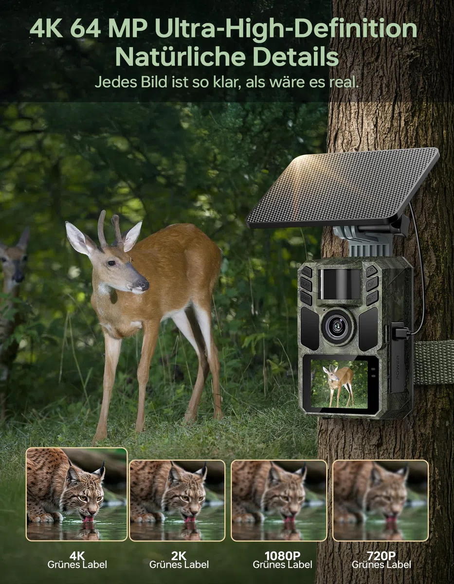 Wildkamera mit Handyübertragung App,Wildtierkamera 4K 64MP WLAN Solar mit Lithium-Batterie, Bewegungsmelder Nachtsicht, Inklusive 64GB SD Karte, 0,1s Auslösezeit, IP67 Wasserdicht