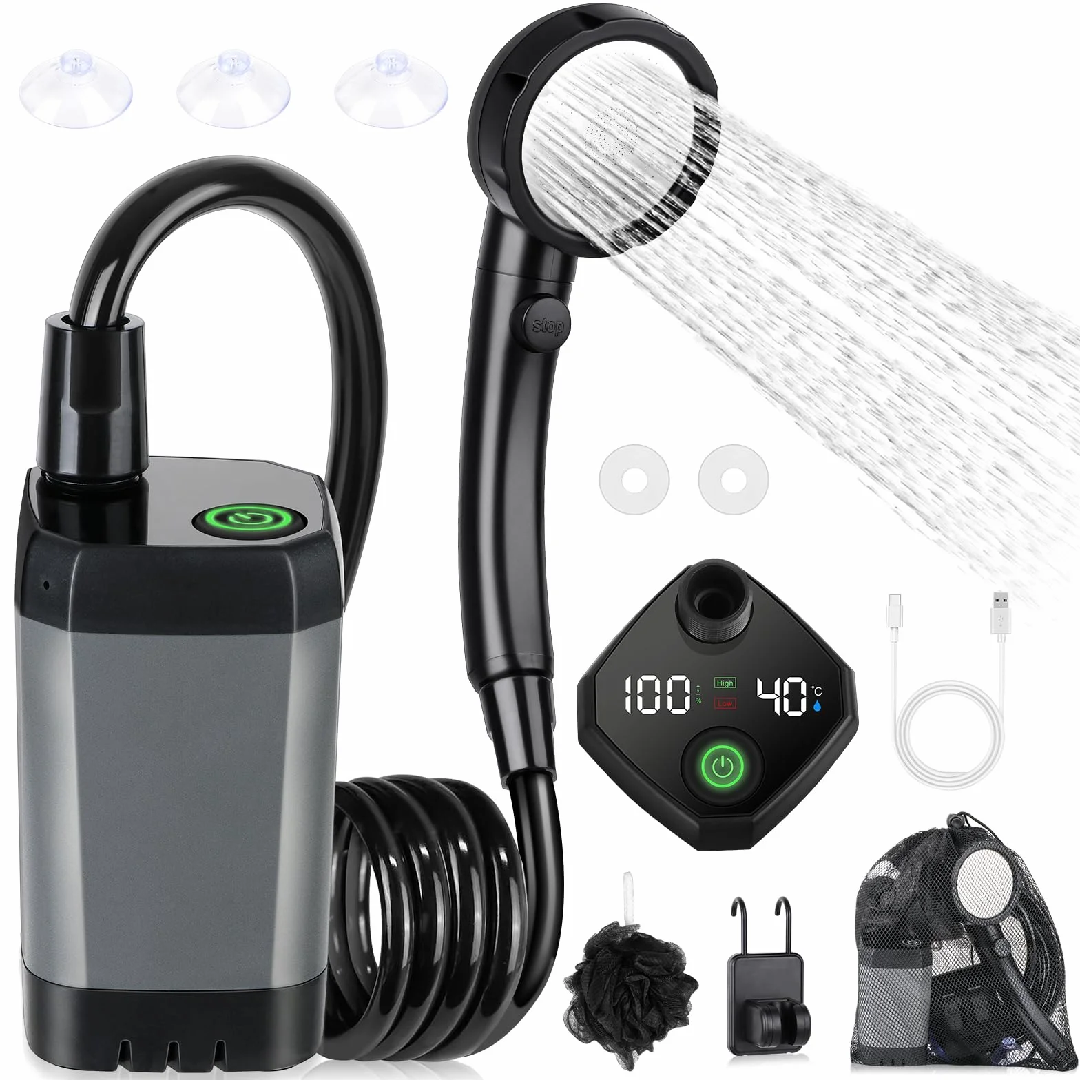 Spopal Campingdusche Tragbare, [6000mAh] Camping Dusche mit mit Pumpe und Temperaturanzeige, Camping Dusche Outdoor Set mit Duschkopf und 2M Schlauch für Garten, Autowaschen, Strand, Reisen, Haustier
