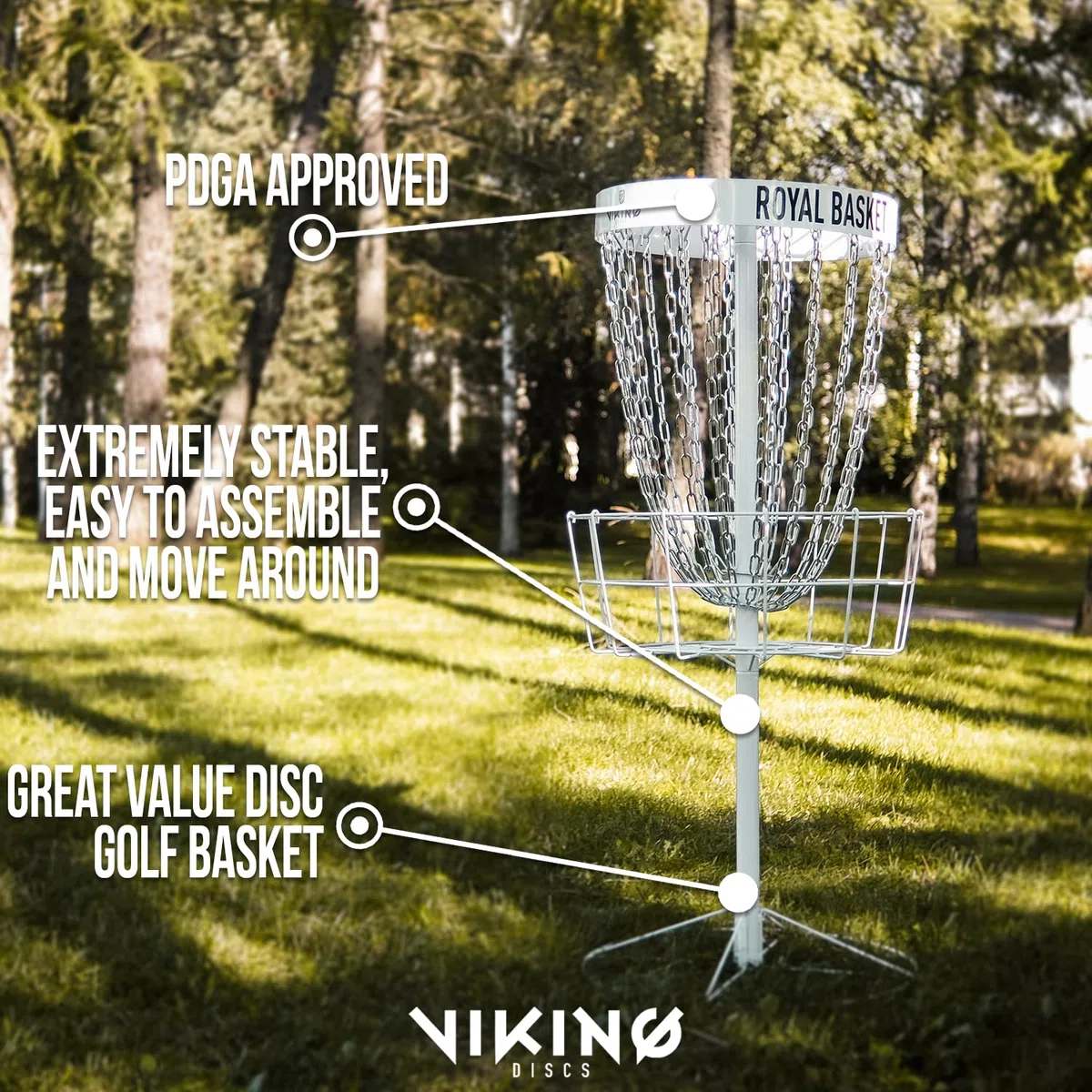 Viking Discs Royal Basket Disc Golf Korb 143 cm hoch PDGA Approved für B-Tier Wettbewerbe - 24 Ketten in Zwei Reihen, Stark und Stabil - Für Putting Praxis und Erstellen von Home Course