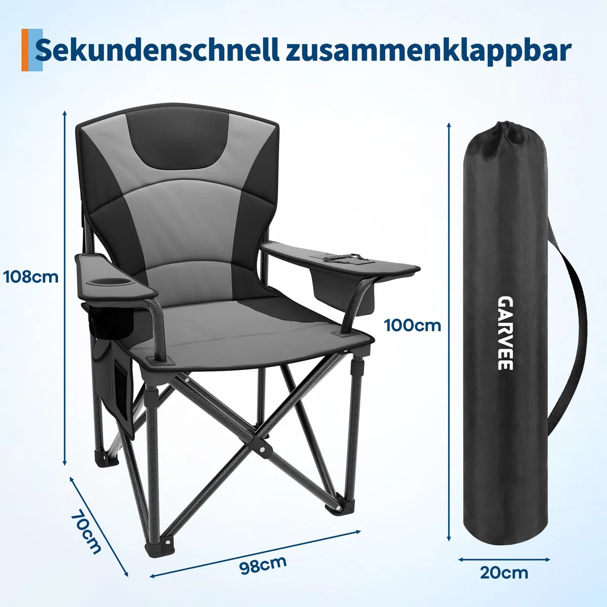 GarveeLife 2er Campingstuhl faltbar bis 200 KG belastbar, Ultragroßer Angelstuhl 64 cm mit hoher Rückenlehne & Polsterung, Camping Stuhl Sessel inkl. Tragetasche für Garten Balkon Strand Schwarz/Grau