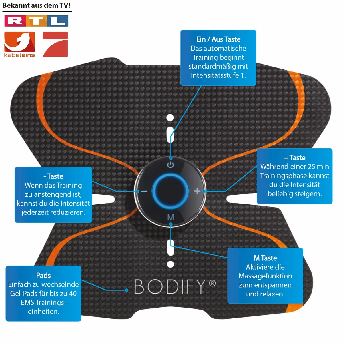Bodify® EMS Trainingsgerät zur gezielten Stimulation der Bauch Muskulatur! - Muskelaufbau - Bauchtrainer - Stimulationsgerät Bauch Muskeln - Bauchmuskeltrainer für Männer und Frauen Das ORIGINAL