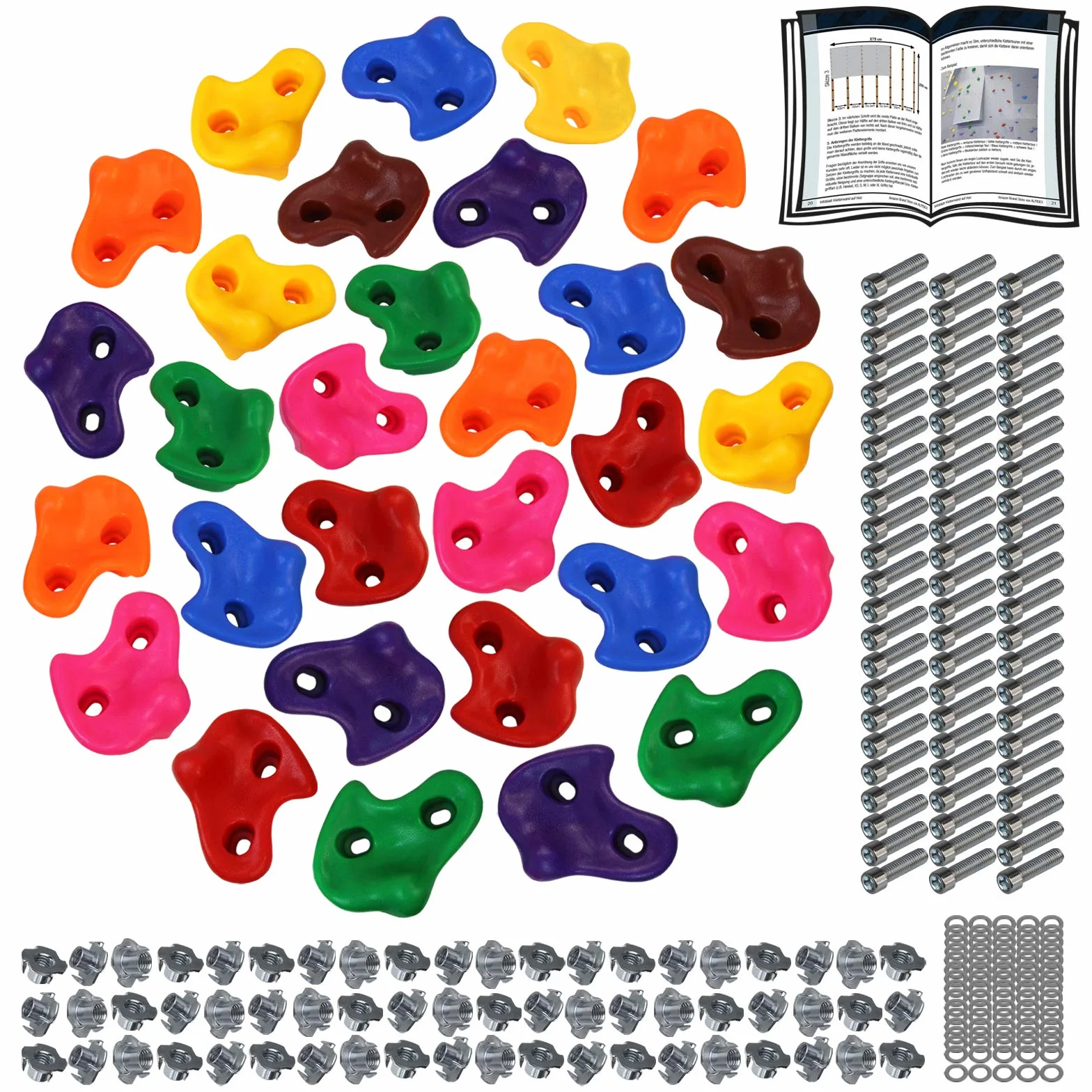 ALPIDEX Kinder Klettergriffe bunt 5/10/15/20/30 Stück Klettersteine inklusive Befestigungsmaterial, belastbar bis 200 kg, Indoor und Outdoor geeignet - 30 Stück