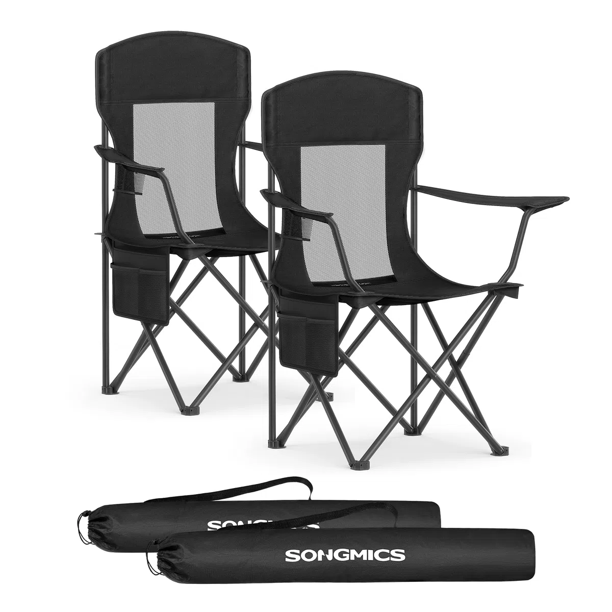 SONGMICS Campingstuhl 2er Set, Klappstuhl Outdoor, Angelstuhl, hohe Rückenlehne, verstellbare Armlehnen, Getränkehalter, klappbar, bis 150 kg belastbar, Camping Garten