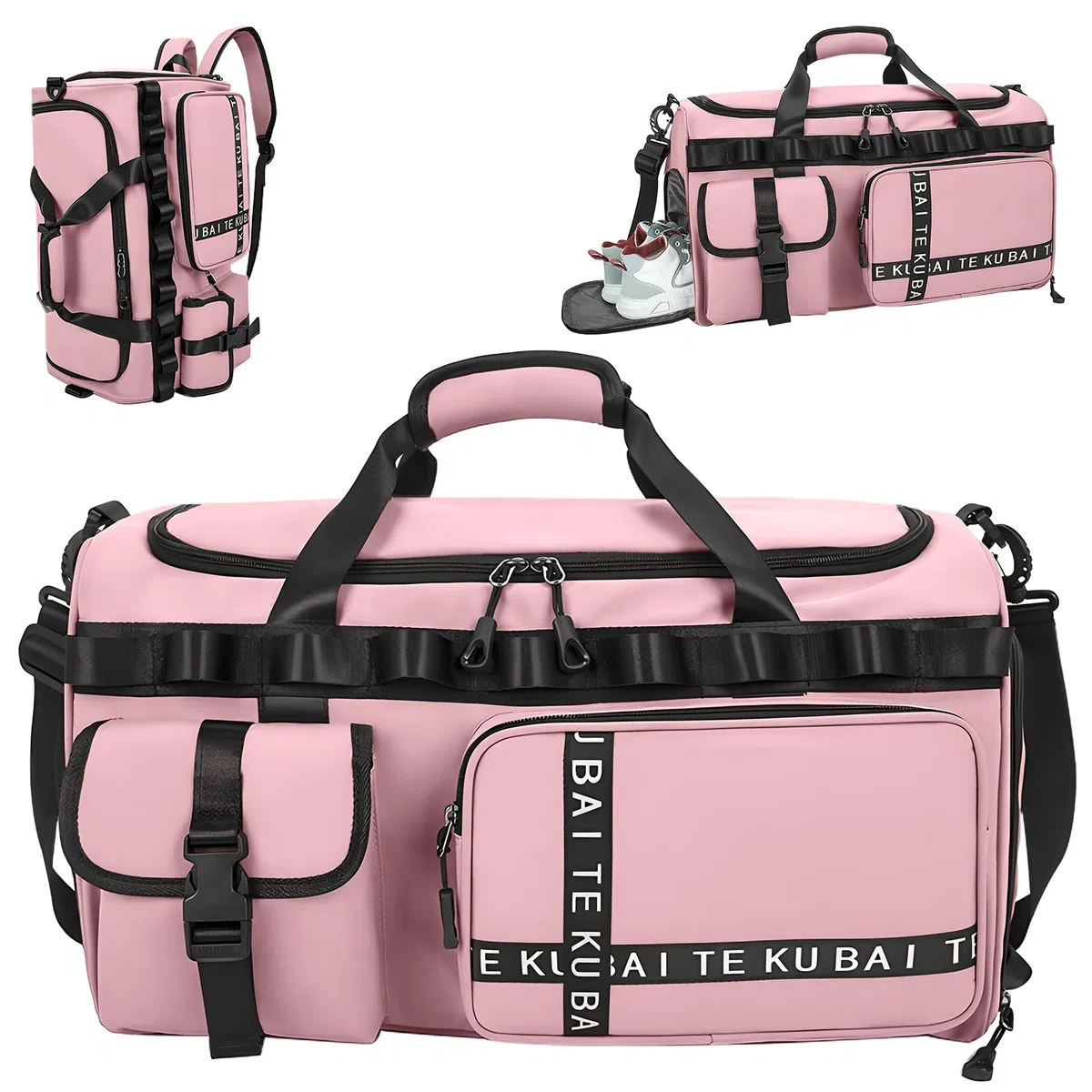Sporttasche Reisetasche für Damen und Herren, Groß 65L Sporttaschen mit Schuhfach & Nassfach, Large Capacity Reise Tasche Gym Bag, Travel Schwimmtasche Übernachtung Tasche (Rosa)