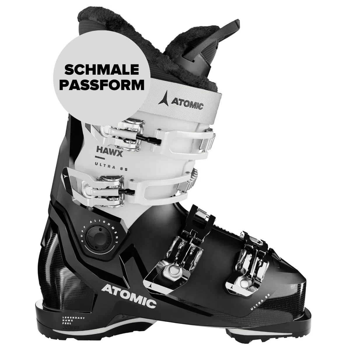 Atomic HAWX Ultra 85 W GW Skischuhe - Damen-Skischuh in Schwarz/Weiß - Boots mit 3D Knöchel & Ferse für anatomische Passform - Schmale Skistiefel mit 98 mm Passform