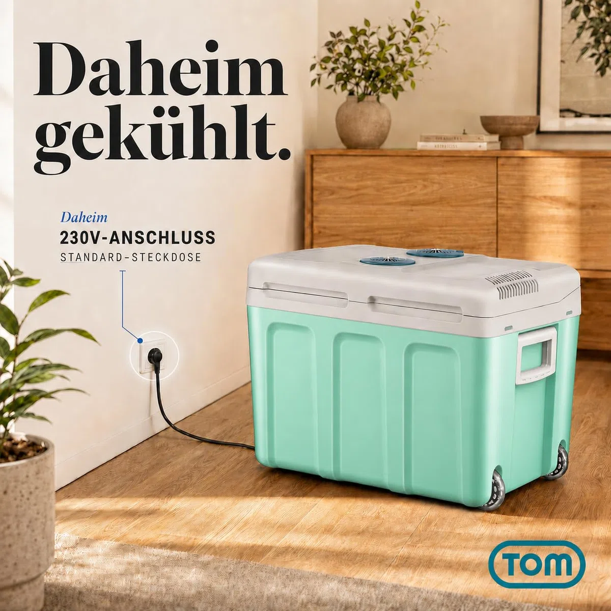 TOM 2in1 XXL Kühlbox 40l mit Kühl- und Heizfunktion – elektrische Coolbox mit Rollen – 230V & 12V Strom Anschluss – Elektrisch – für Auto, Camping, Wohnwagen & Co – Plus Geschenk