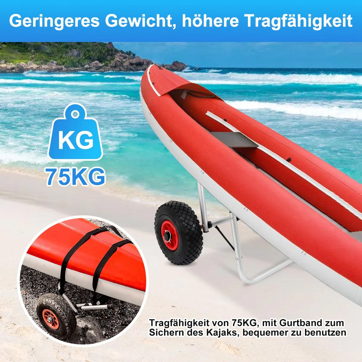 Kajakwagen Aluminium, Kanuwagen Faltbare bis 80 kg,Transportwagen für Boote Kanu oder Kajak,Bootswagen mit Spannriemen,Tragbar Kajakwagen,Bootstrailer für Kanu und Kajakliebhaber