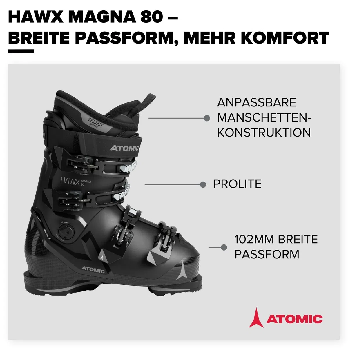 ATOMIC HAWX Magna 80 Skischuhe in Schwarz/Anthrazit - Größe 42/43 - Breite Ski-Boots mit 102 mm Passform & 80er-Flex - Hochwertige Ski-Schuhe mit Prolite-Konstruktion