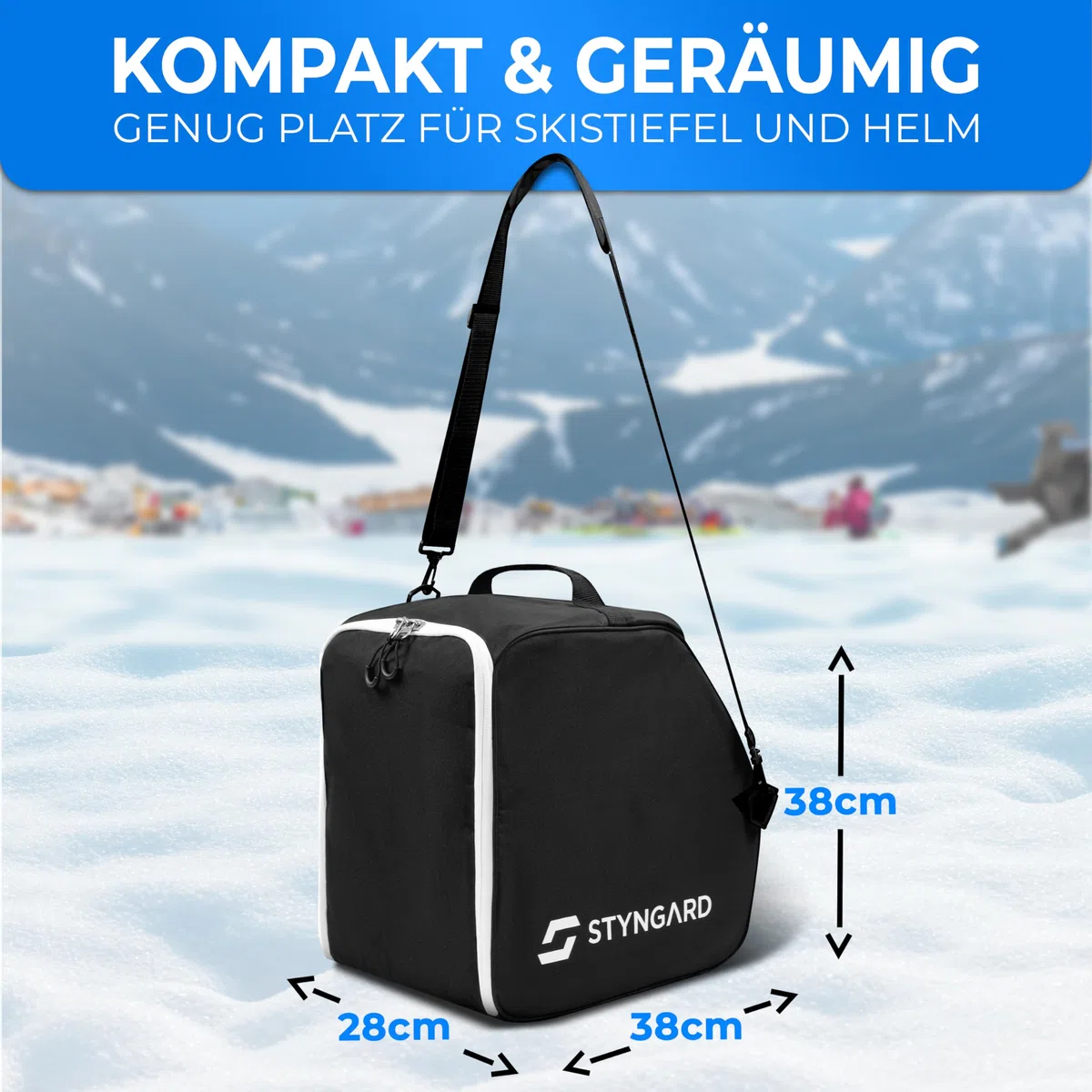 STYNGARD Skischuhtasche mit Helmfach und Stiefelfach [40 L] - Ski Stiefeltasche mit Umhängefunktion und Stauraum für Skizubehör - Tasche für Skischuhe Modell Zermatt