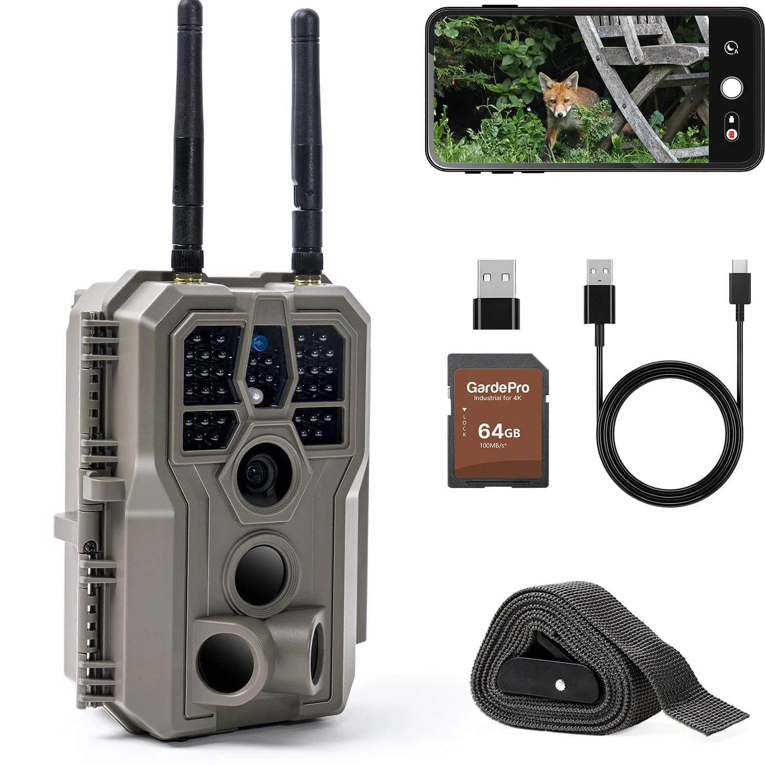 GardePro E8 2.0 Wildkamera Dual Antenne WLAN mit 64GB SD Karte, 64MP H.264 4K Video, 30m Infrarot Nachtsicht Bewegungsmelder Wildtierkamera WiFi Handyübertragung mit App, 0,1s Schnelle Trigger, IP66