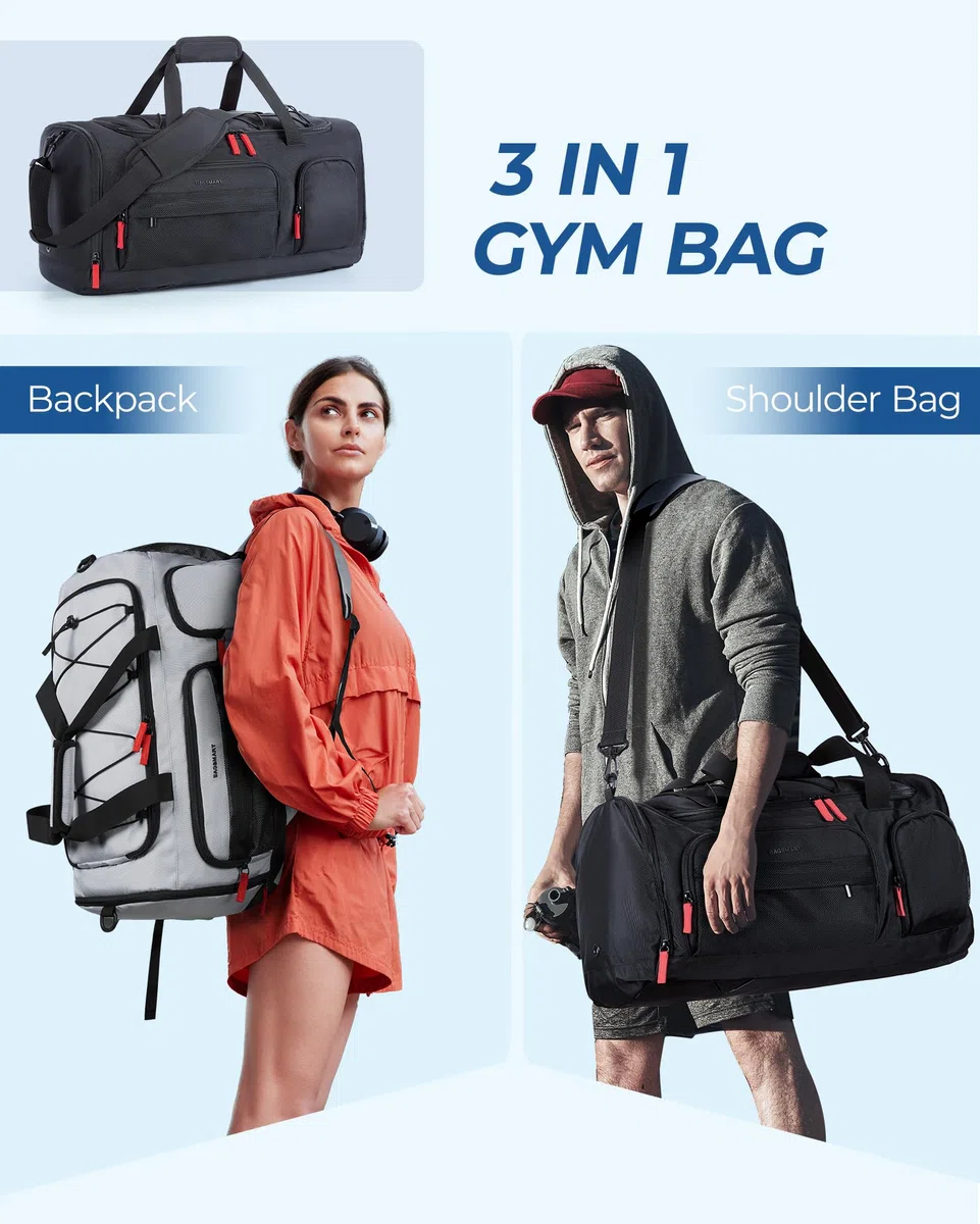 BAGSMART Sporttasche Damen und Herren, Sporttasche mit Schuhfach und Nassfach wasserdichte Gym Bag Reisetasche trainingstasche schwimmtasche für Fitness, Reisen, Outdoor-Aktivitäten, Schwarz
