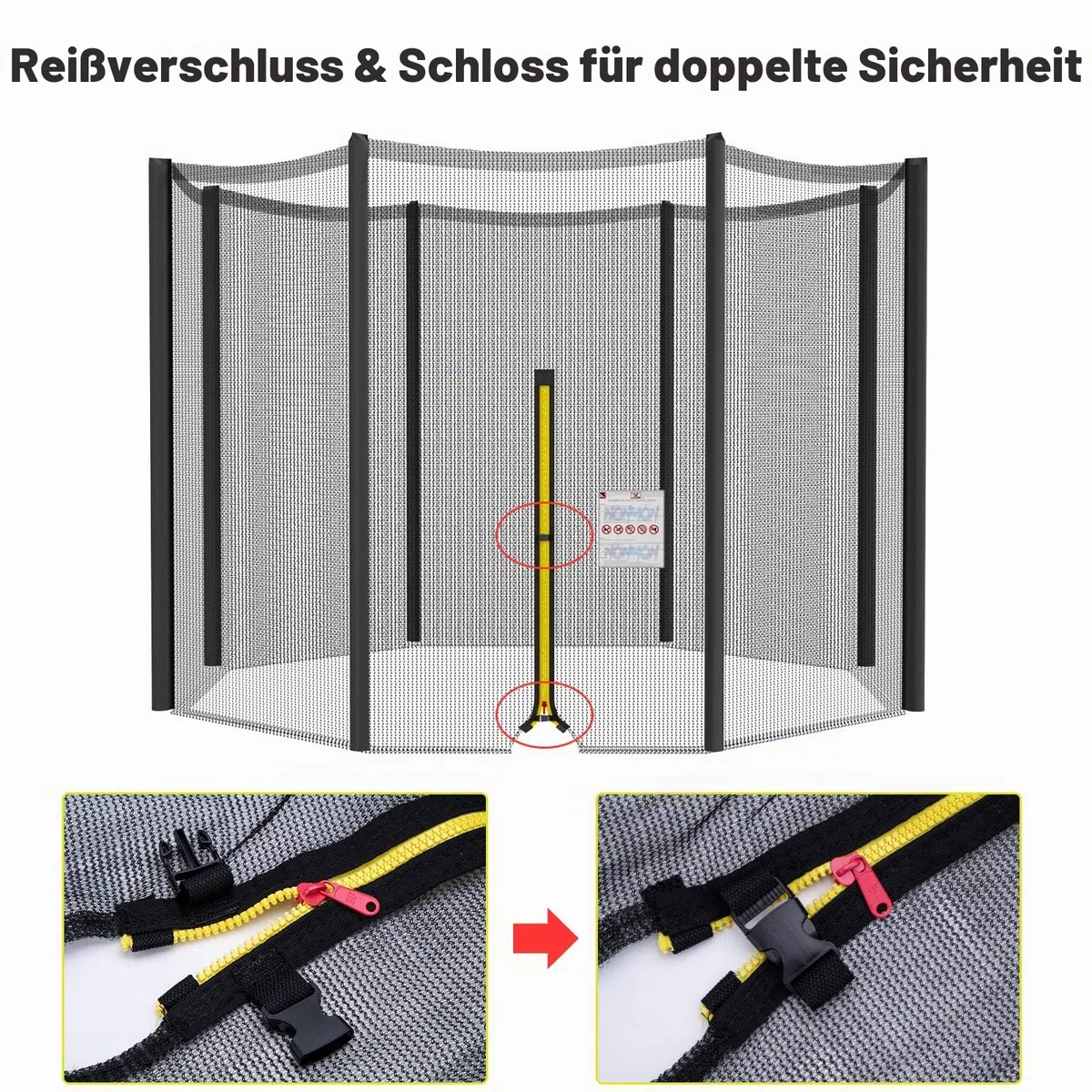 Cliselda Sicherheitsnetz für Trampolin 244 305 366 397 423 cm，Gartentrampolin Ersatznetz für 6 8 Stangen,Trampolin-Zubehör,Sicherheitsnetz,mit Reißverschluss, UV-beständig