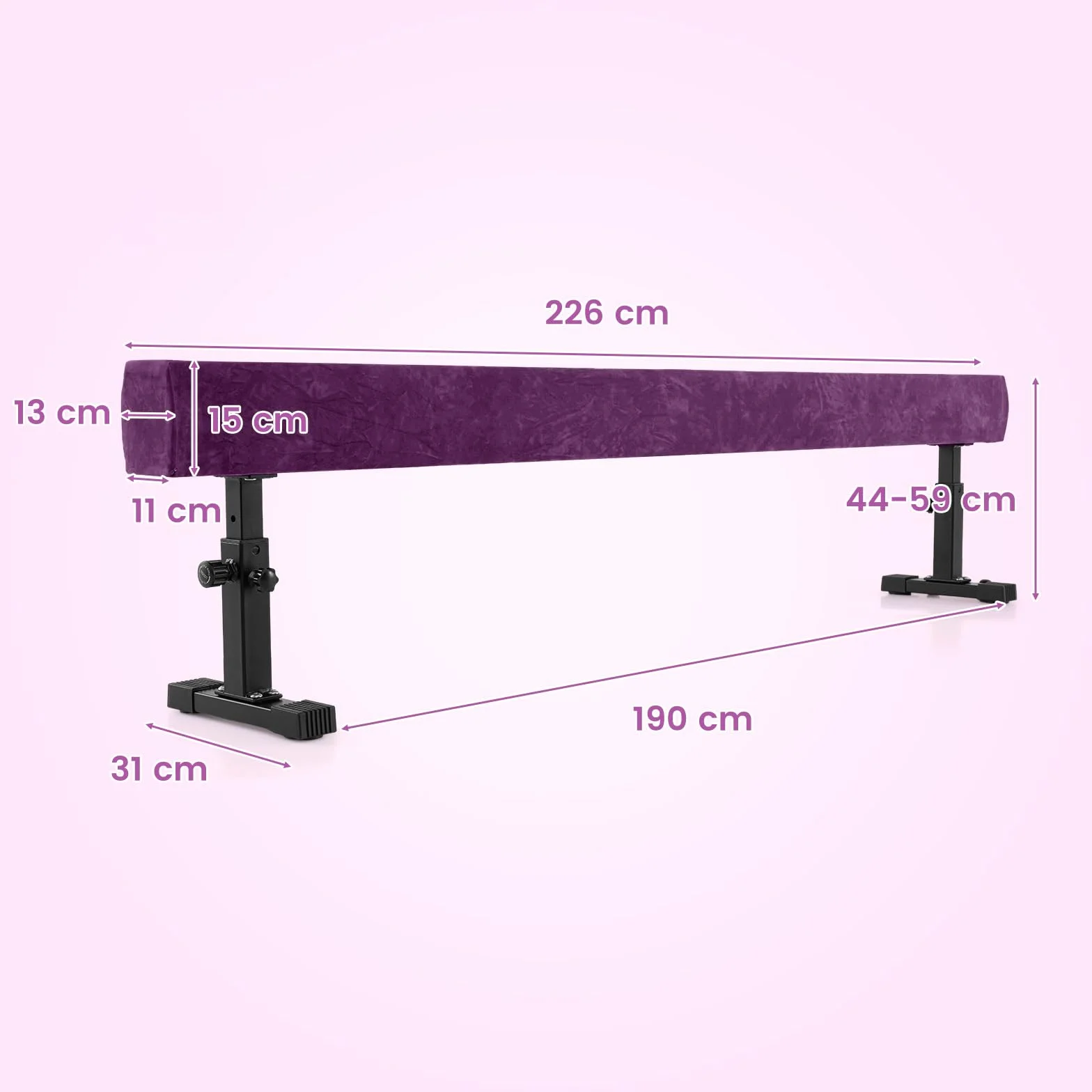 COSTWAY 226 cm Schwebebalken mit 3 Höhen verstellbar, Gymnastikbalken, Heimtrainingsgerät mit robusten Metallbeinen & Rädern, Balancierbalken für Anfänger und Profis (Lila)
