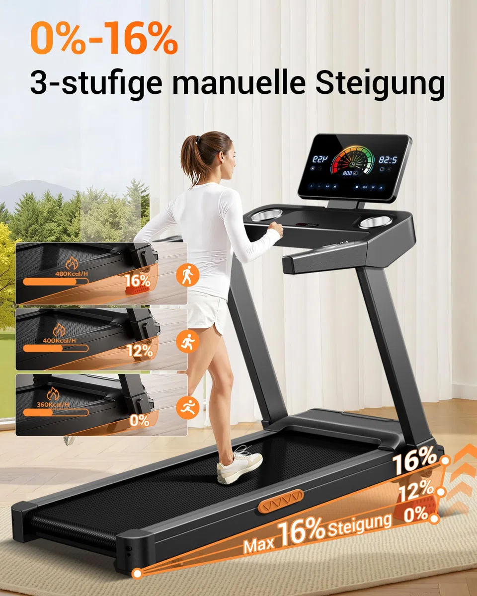 UMAY Laufband für Zuhause mit Steigung 16%, 14KM/H | Laufband Klappbar Treadmill for Home mit leisem 3,5-PS-Motor, LED-Anzeige, 180KG