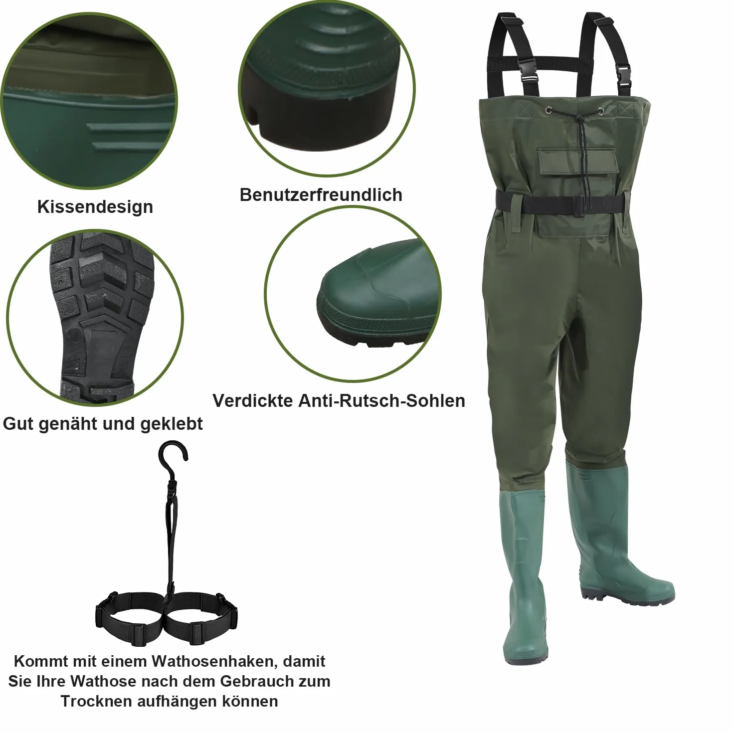 Wathose Herren, Anglerhose 70D Nylon mit Stiefe, PVC Watthosen Wasserdichtl mit Haken, Angelhose mit Verstellbarer Schultergurt, Fischerhose für Baustellen, Gärten
