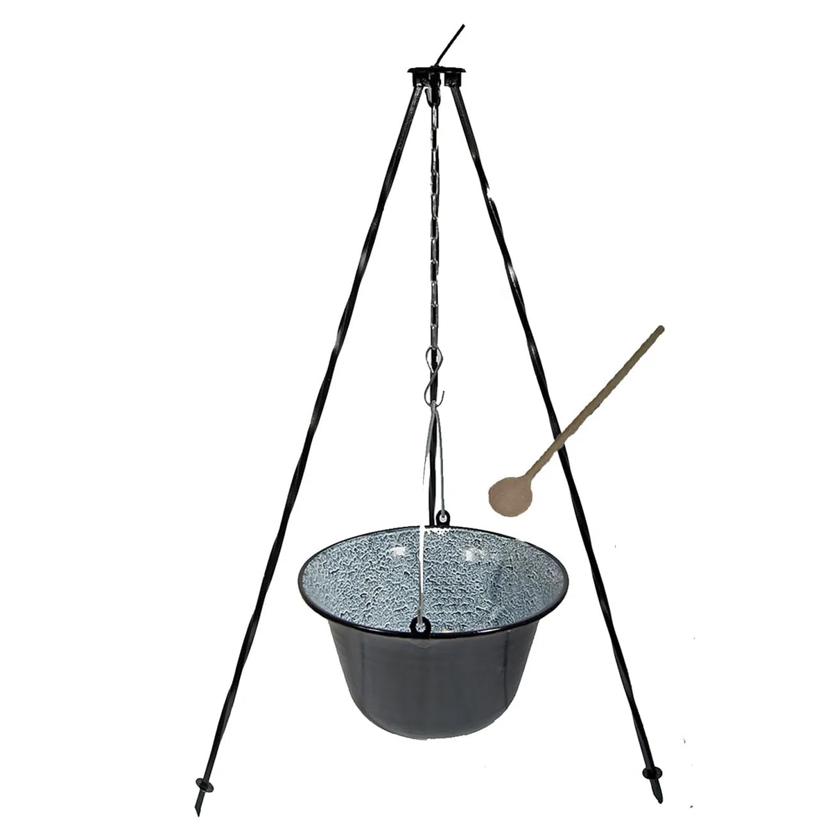 Set Ungarischer Gulaschkessel Emaille 10 Liter + Dreibein 1,0 m + Kochlöffel Suppenkessel Gulaschtopf Hordentopf