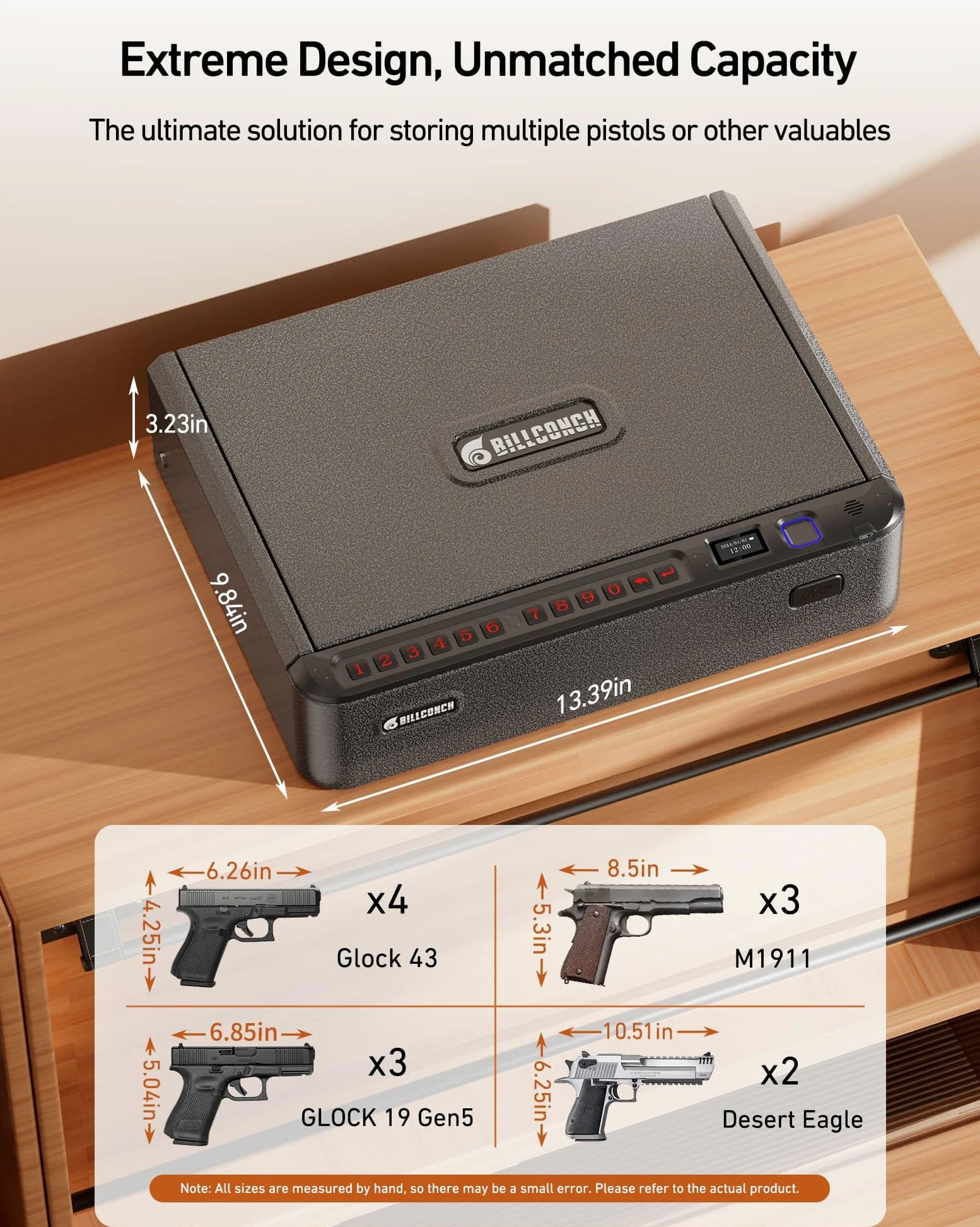 BILLCONCH Smart Gun Safe - Biometric Gun Safe for Pistols with Fingerprint/Full-digital Keypad/Key/Smartphone Lock, Quick-Access Pistol Safe for Beside Nightstand Handgun Safe with LCD/Voice Guide