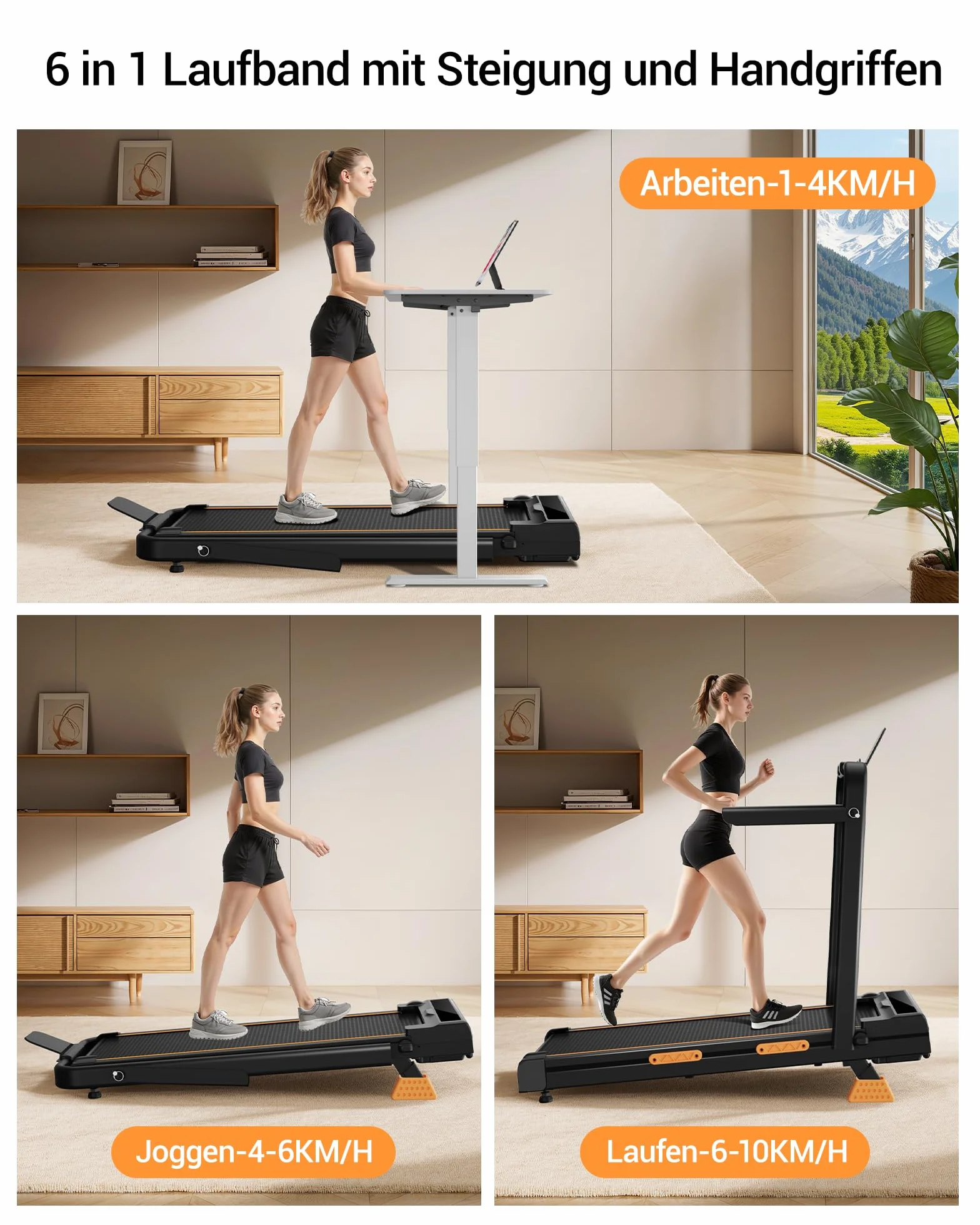 LONTEK Walking Pad Klappbar mit Steigung 10KM/H, 16% Laufband für Zuhause Klappbar mit Steigung, LED Anzeige, Fernbedienun, Laufbänder mit Handläufen, 3.0 HP Treadmill for Home, Belastung 159KG