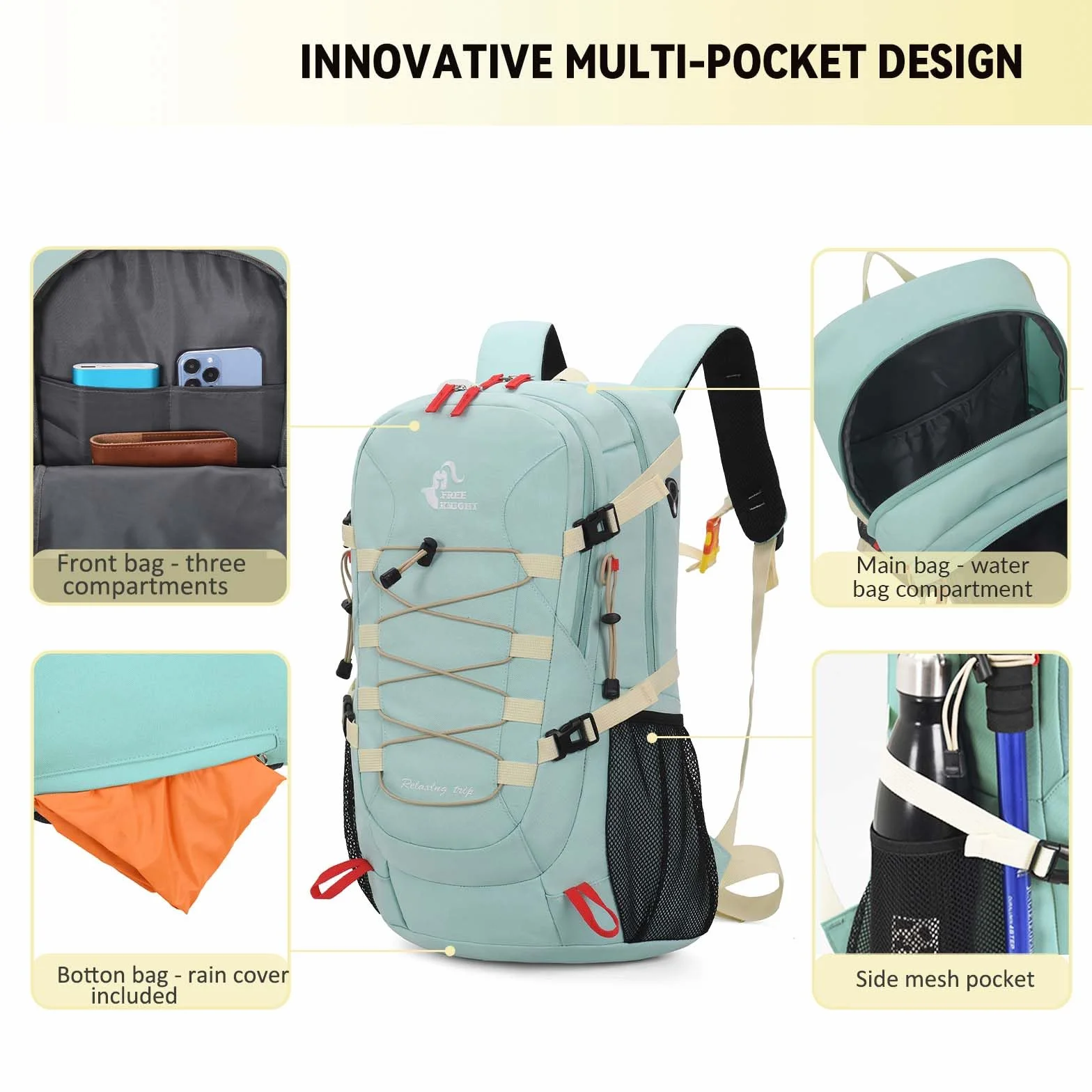 Bseash 40L Leichter wasserdichter Wanderrucksack mit Regenschutz, Outdoor Sport Reise Tagesrucksack Multifunktions Reisetasche für Camping Klettern Skifahren Radfahren (Milch Grün)