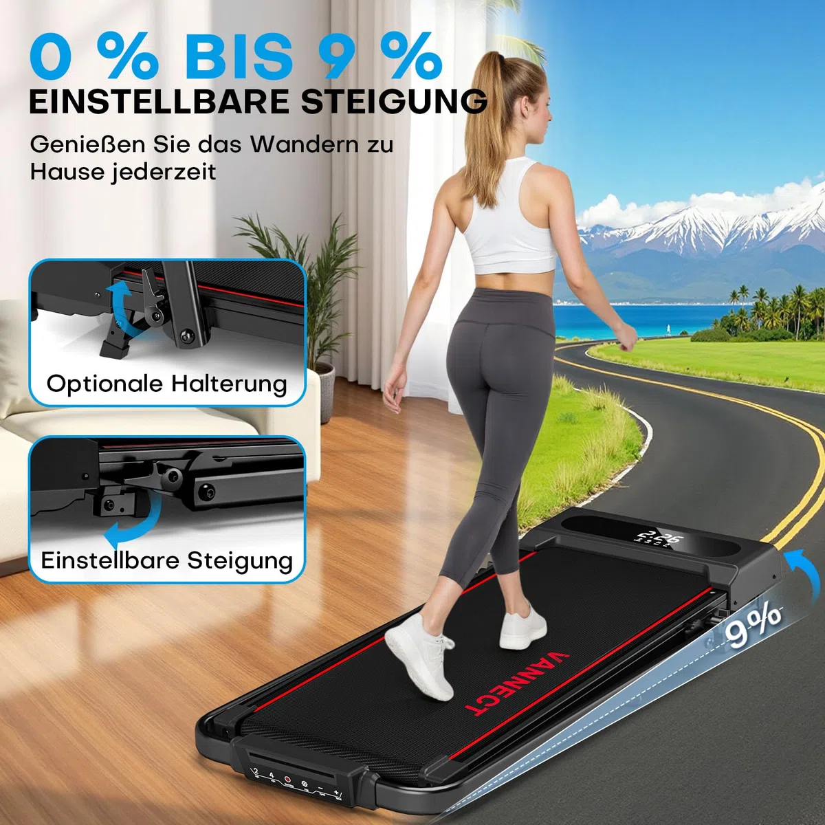Laufband für Zuhause, VANNECT Walking Pad, 1-12 km/h Klappbares Laufband mit 9% Steigung, Ultra-Leise, LCD-Display, Dreifache Steuerung - Fernbedienung + App + Handlauf-Tasten, Belastbar bis 150 kg