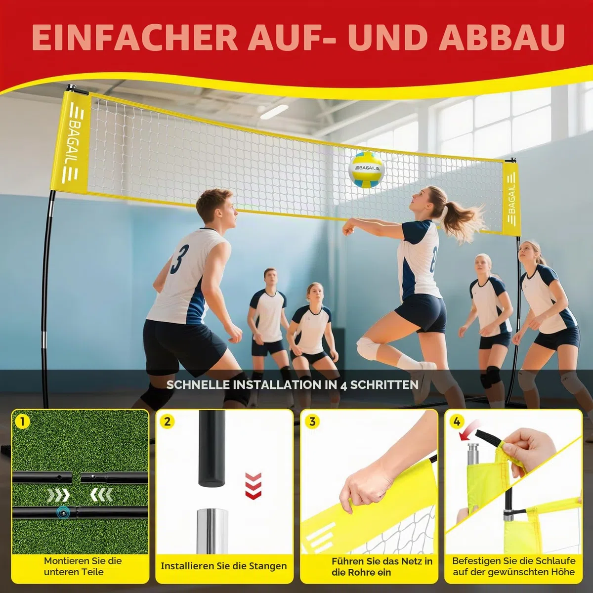 BAGAIL Volleyballnetz, 3.6m/6.1m Volleyballnetz für den Garten - Verstellbare Höhe, Heavy-Duty-Rahmen, Freistehendes Design - Tragbares Outdoor/Indoor-Volleyball-Set mit Tragetasche