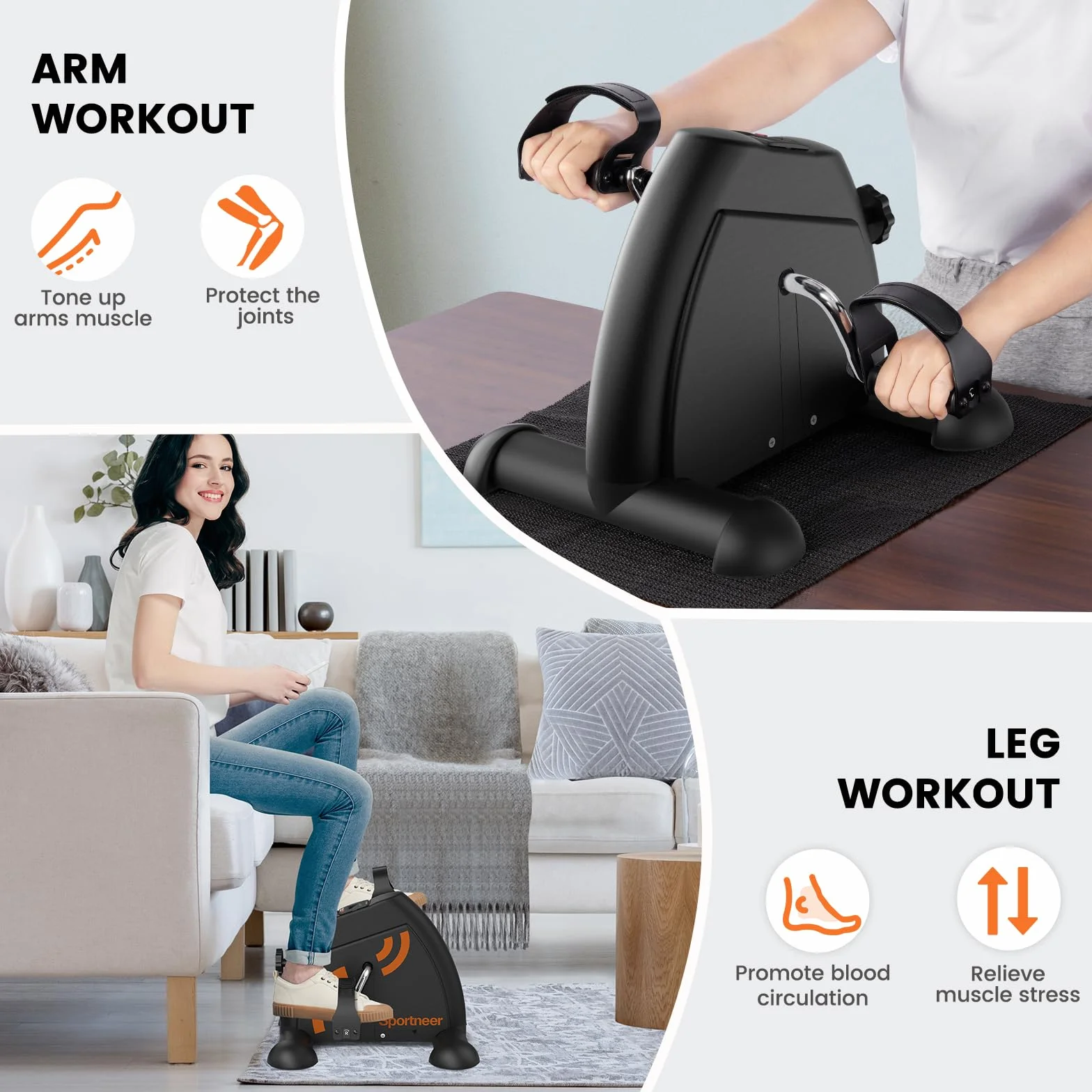 Sportneer Pedaltrainer für Senioren,Mini Heimtrainer mit LCD-Display, Fitnessgeräte für Zuhause – Tischfahrrad, Ergometer Senioren, Arm- und Beintrainer für Senioren mit Anti-Rutsch-Matte