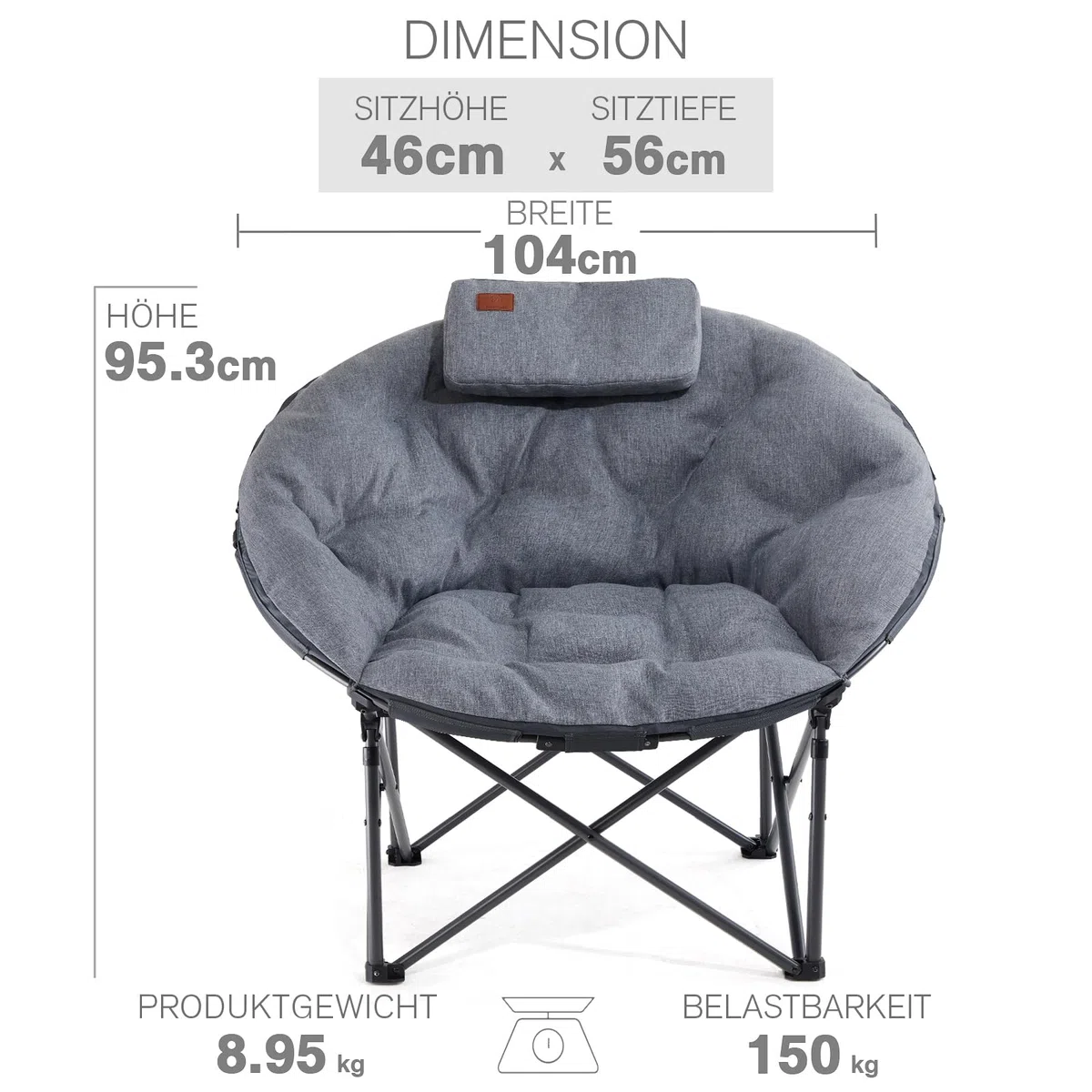 EVER ADVANCED Luxus Moonchair XXL Campingstuhl Faltbar 150KG Belastbar Rund Klappstuhl Dick Gepolstert, Übergroßer Campingsessel mit Kissen, Extra Breit für Outdoor Camping Garten Balkon Indoor, Grau